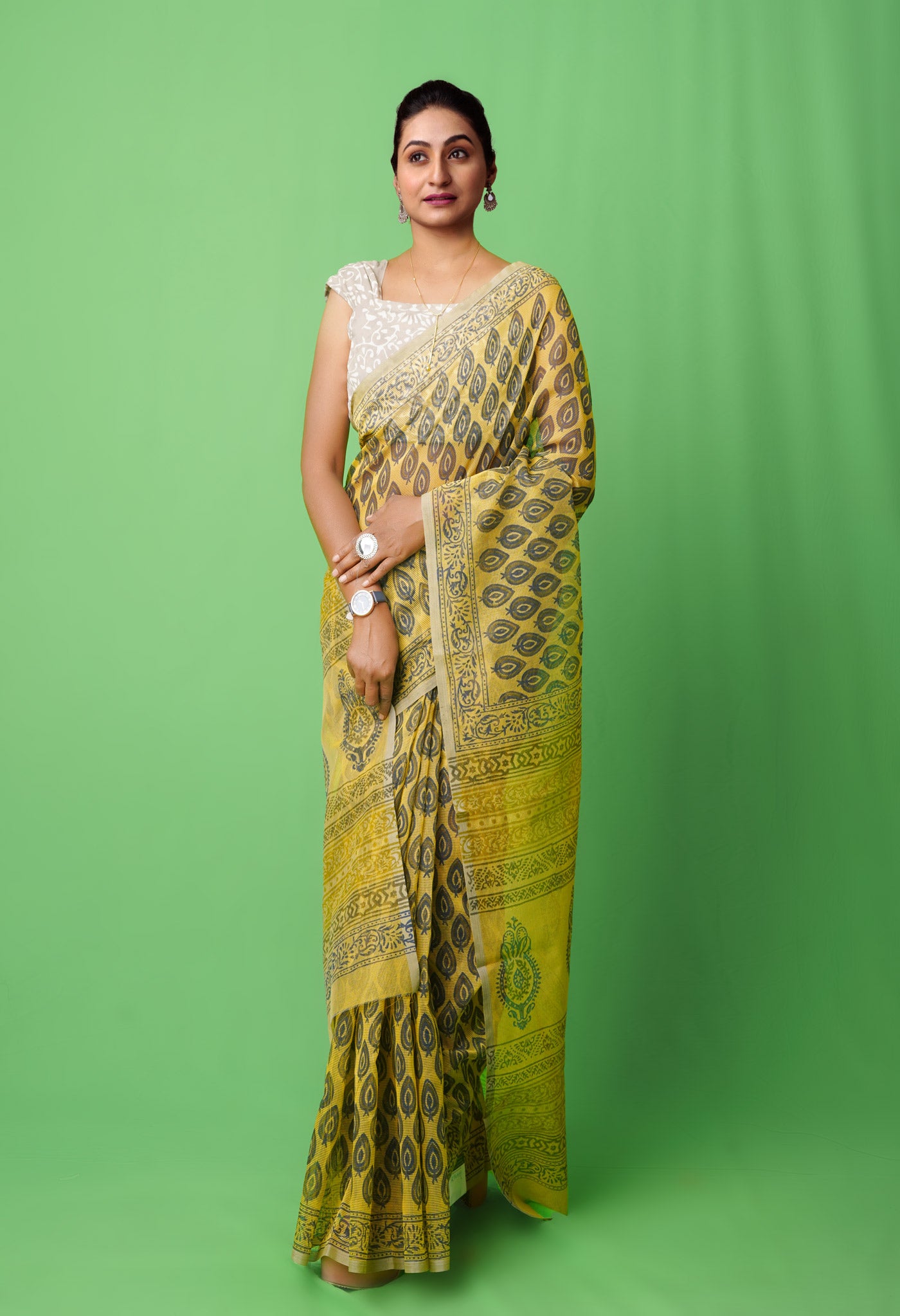 Yellow  Block Printed Supernet Saree