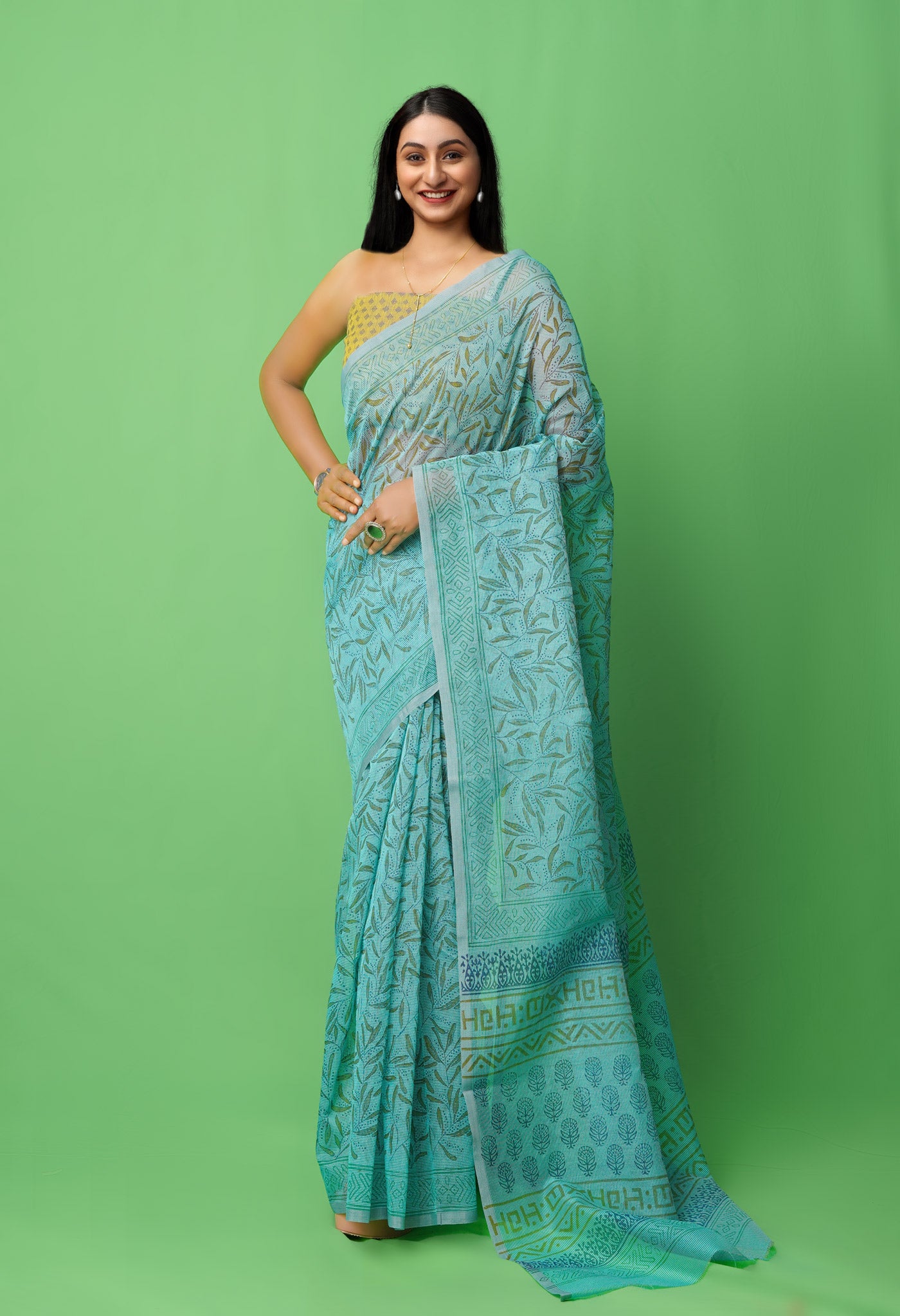 Green  Block Printed Supernet Saree