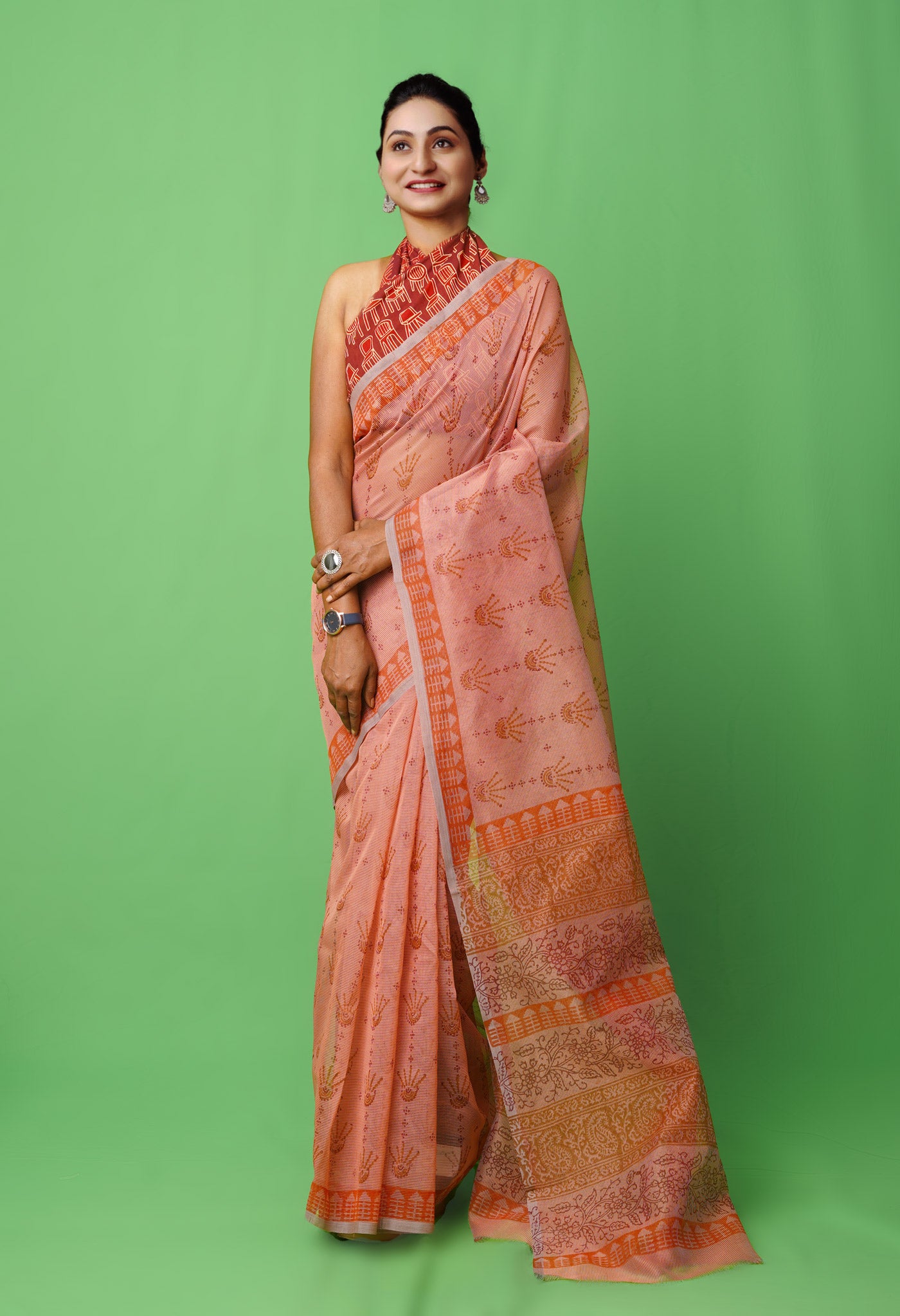 Peach Pink  Block Printed Supernet Saree