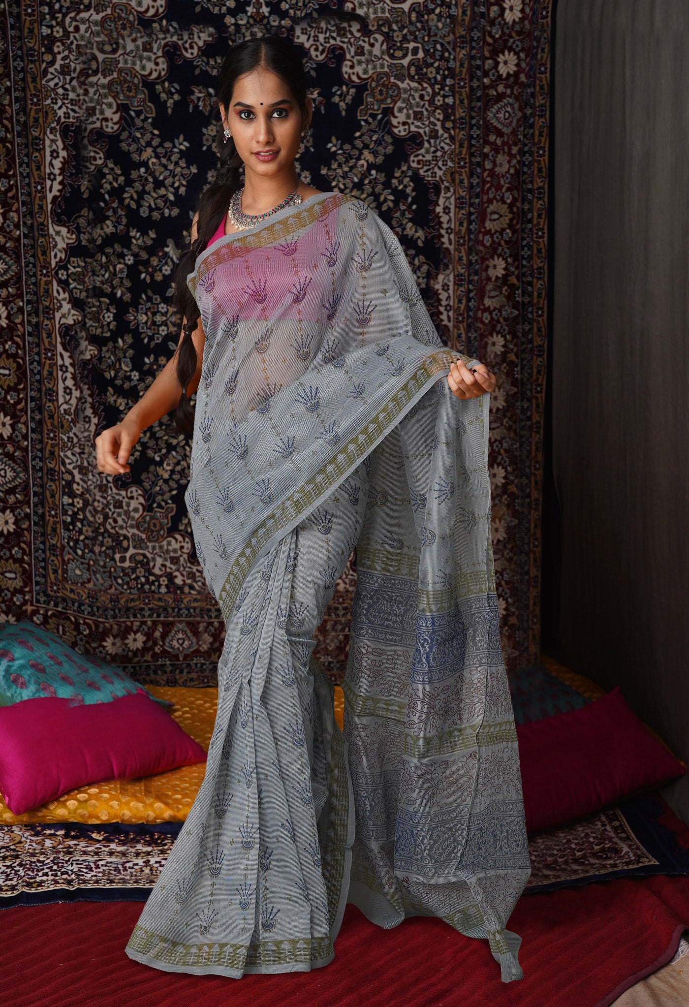 Grey  Block Printed Supernet Saree-UNM76914