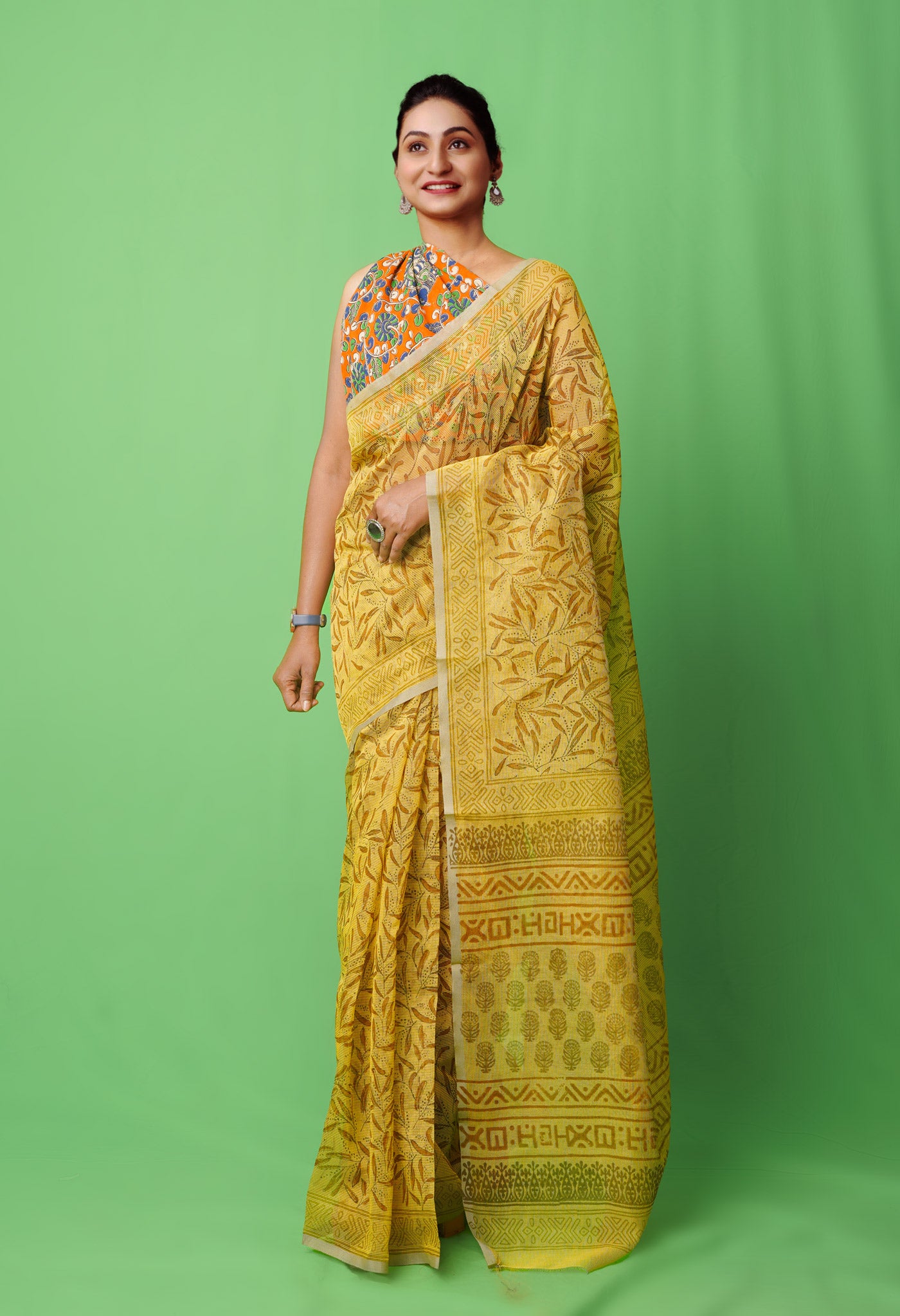 Yellow  Block Printed Supernet Saree