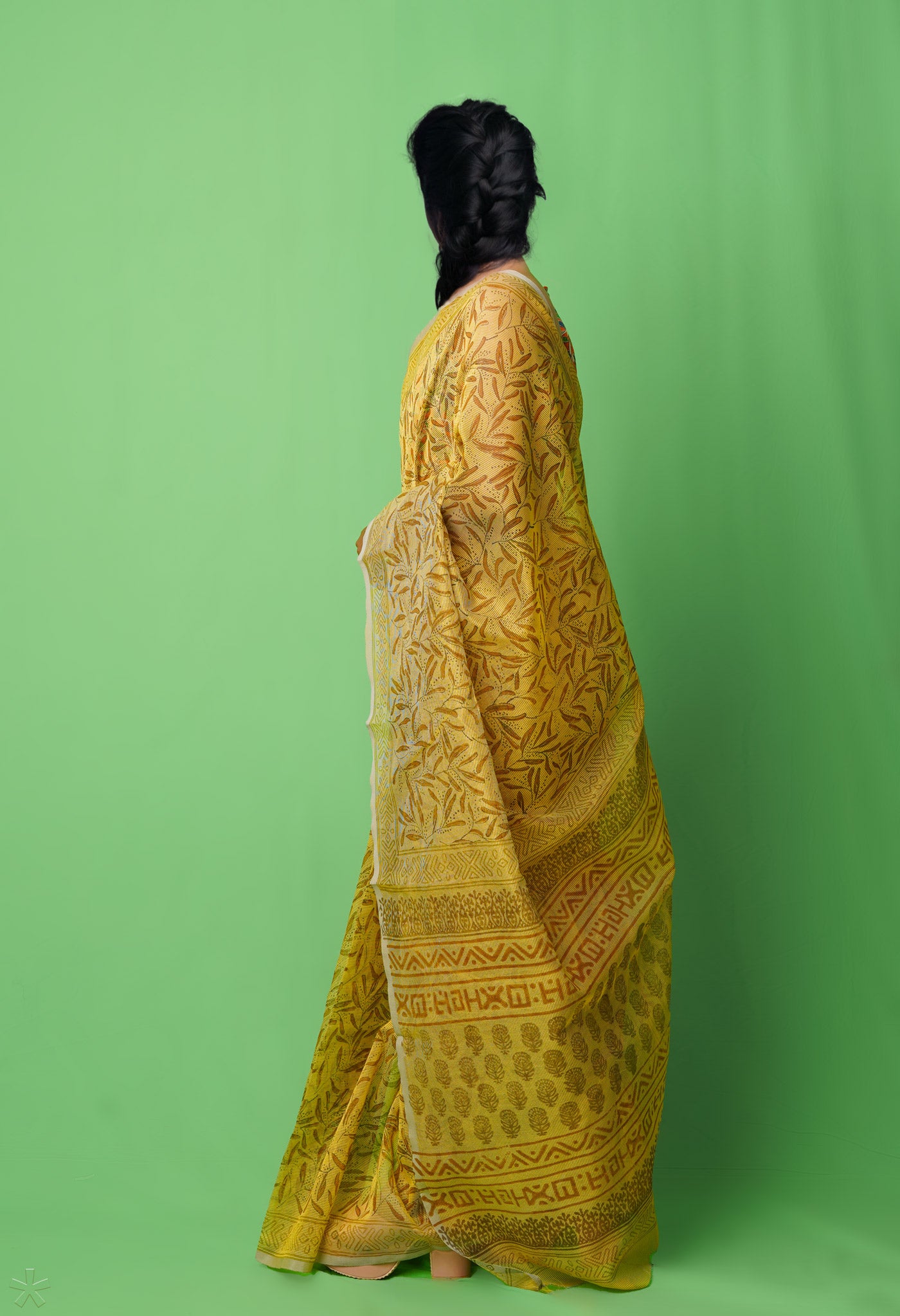 Yellow  Block Printed Supernet Saree