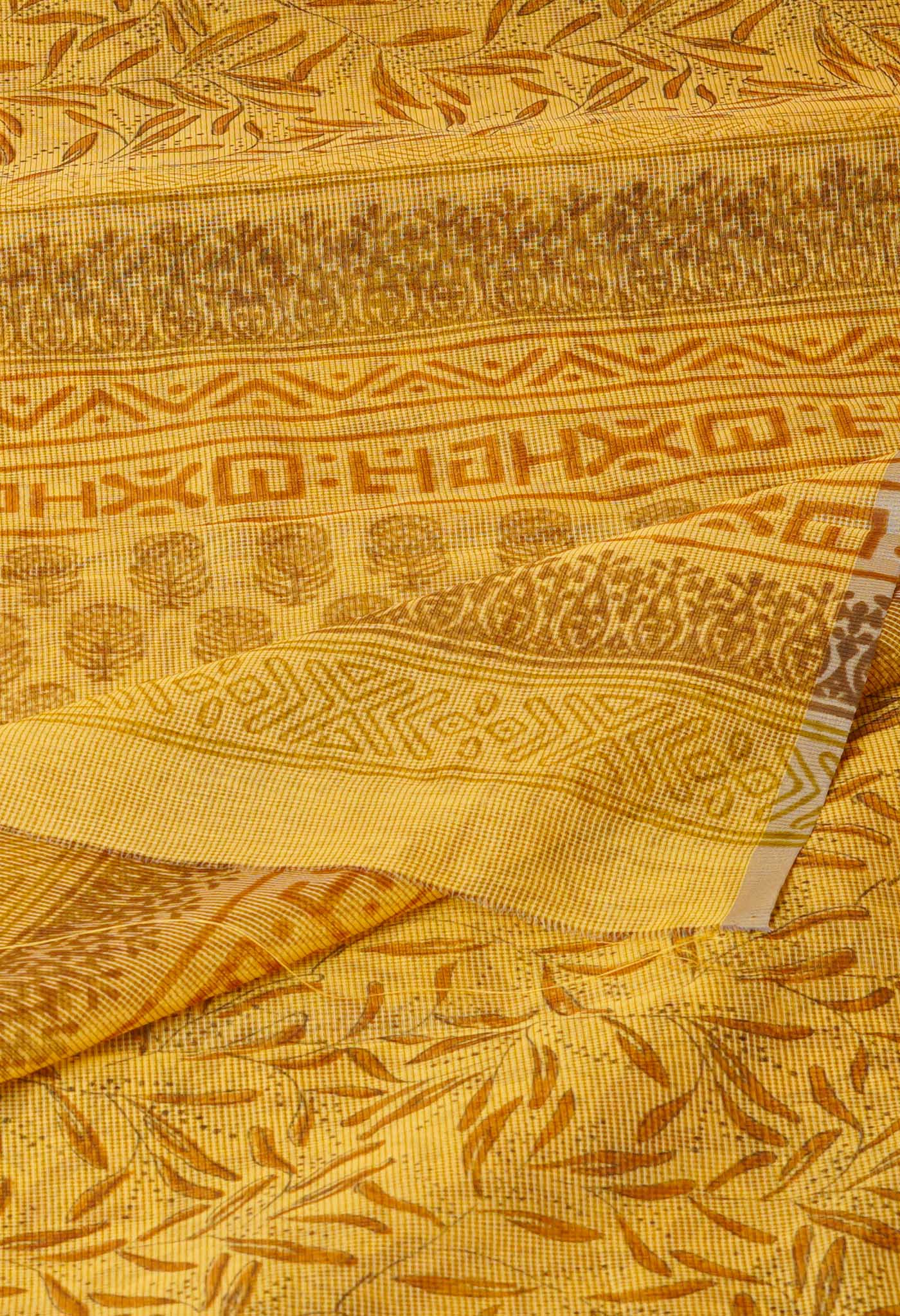 Yellow  Block Printed Supernet Saree