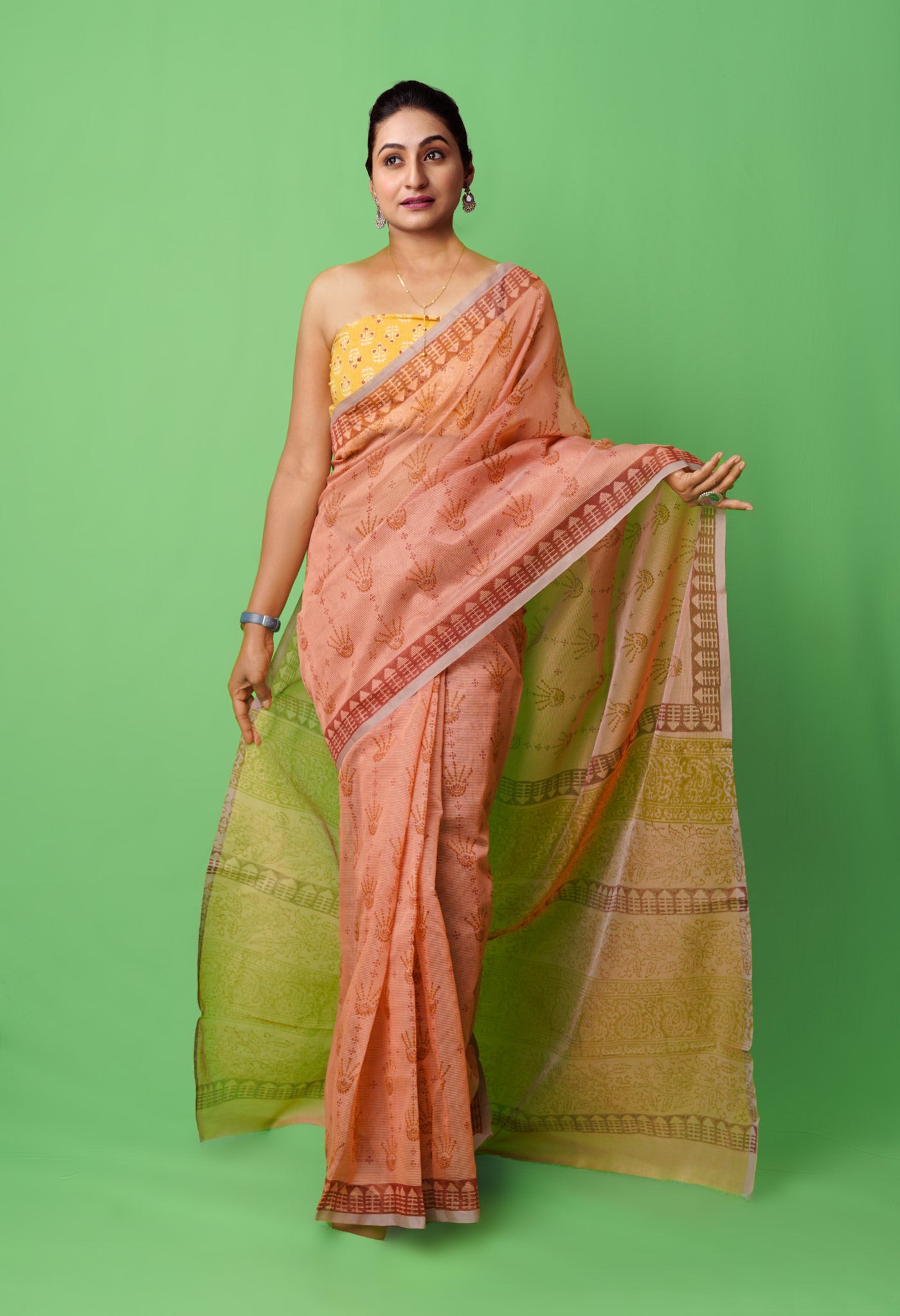 Peach Pink  Block Printed Supernet Saree