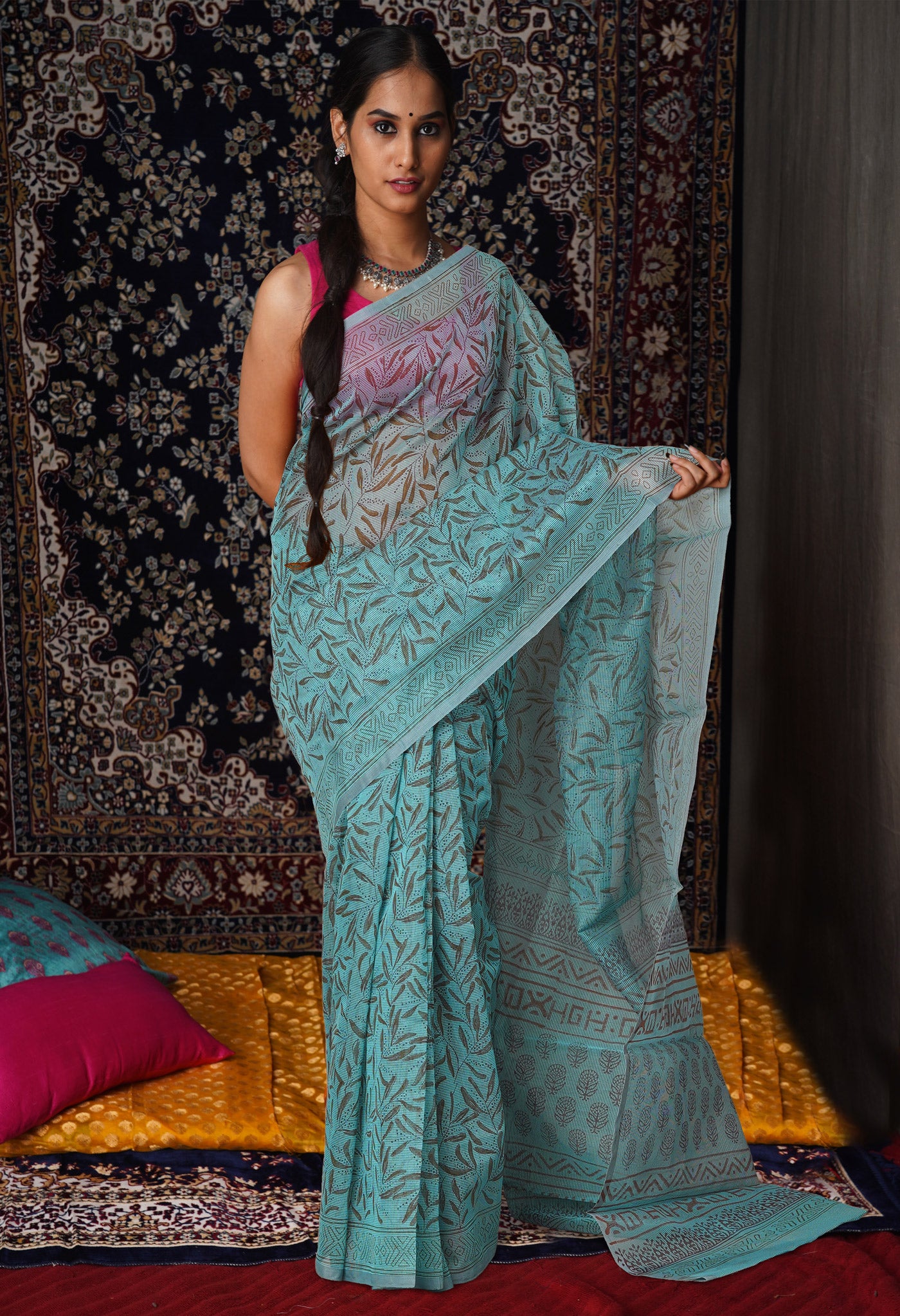 Green  Block Printed Supernet Saree-UNM76917