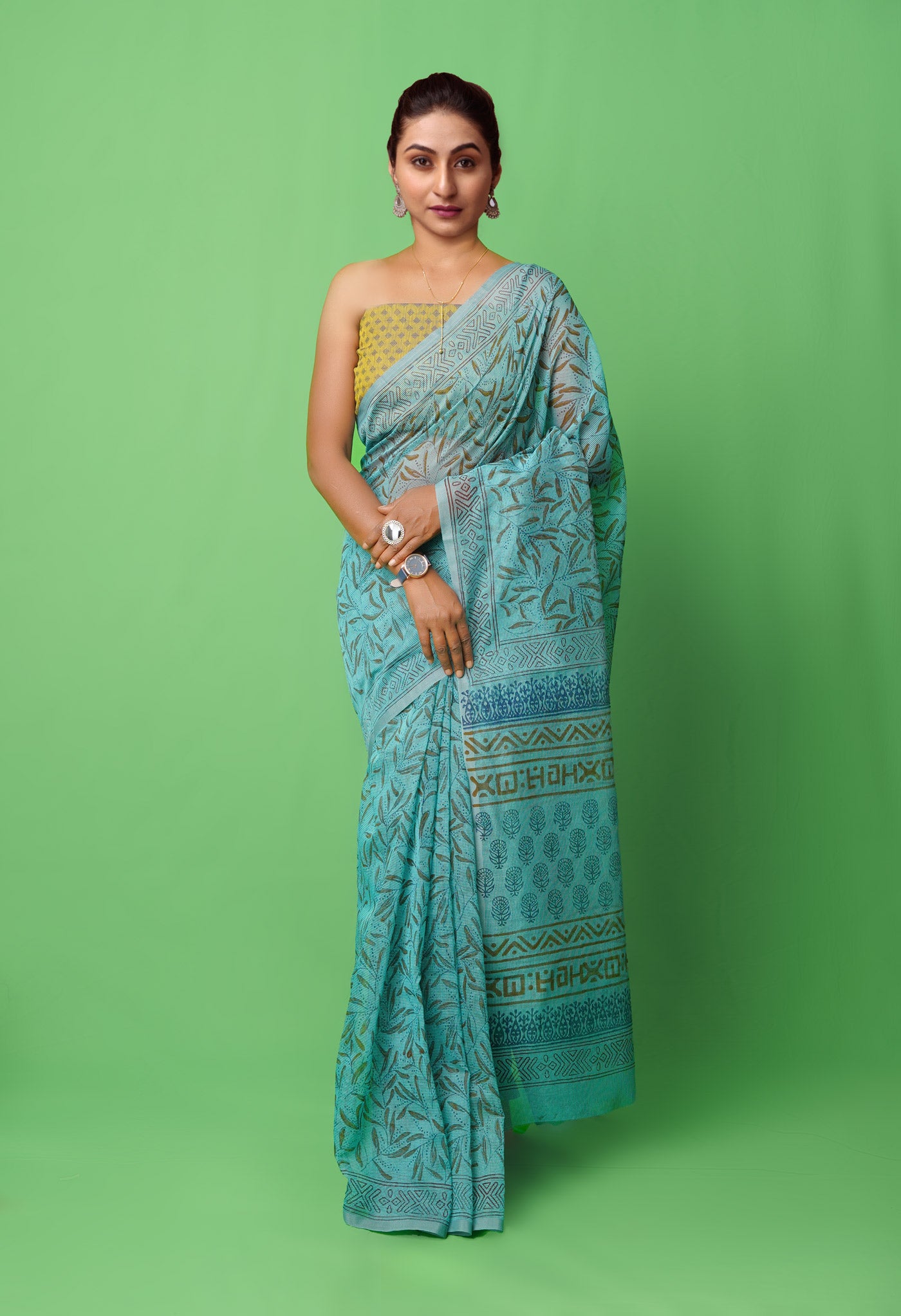 Green  Block Printed Supernet Saree