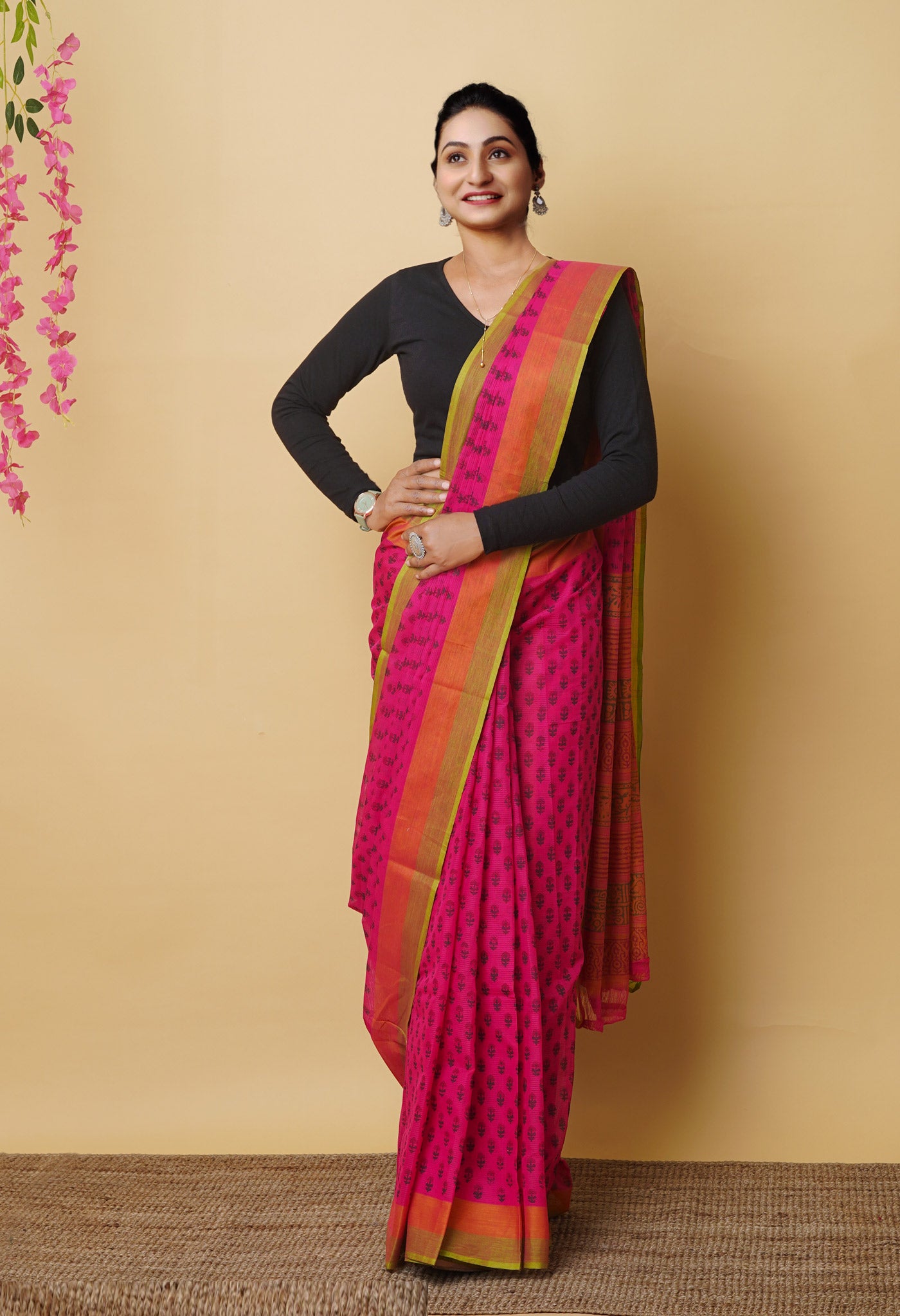 Pink Pure Block Printed Mangalgiri Cotton Saree