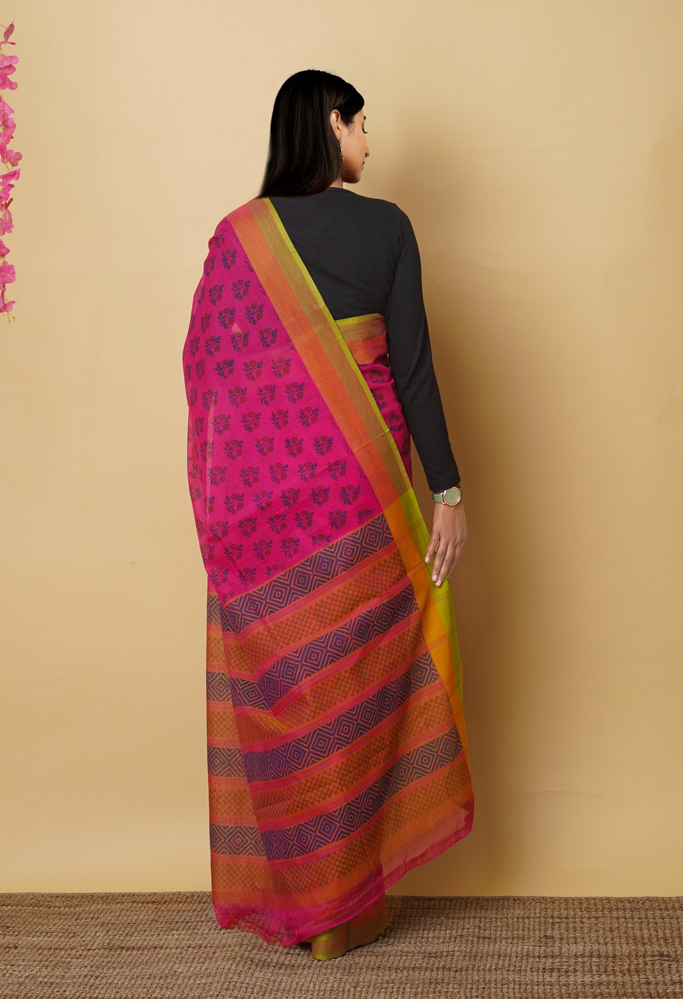 Pink Pure Block Printed Mangalgiri Cotton Saree
