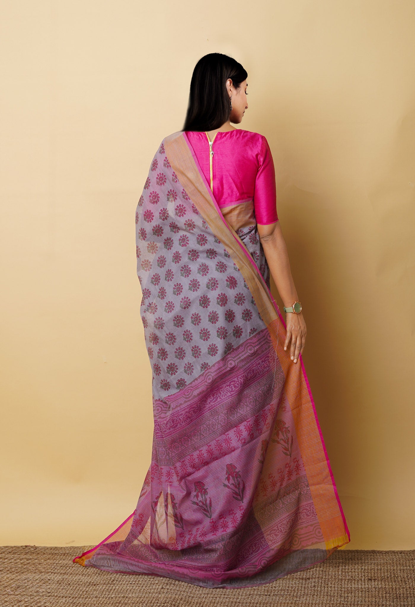 Grey Pure Block Printed Mangalgiri Cotton Saree