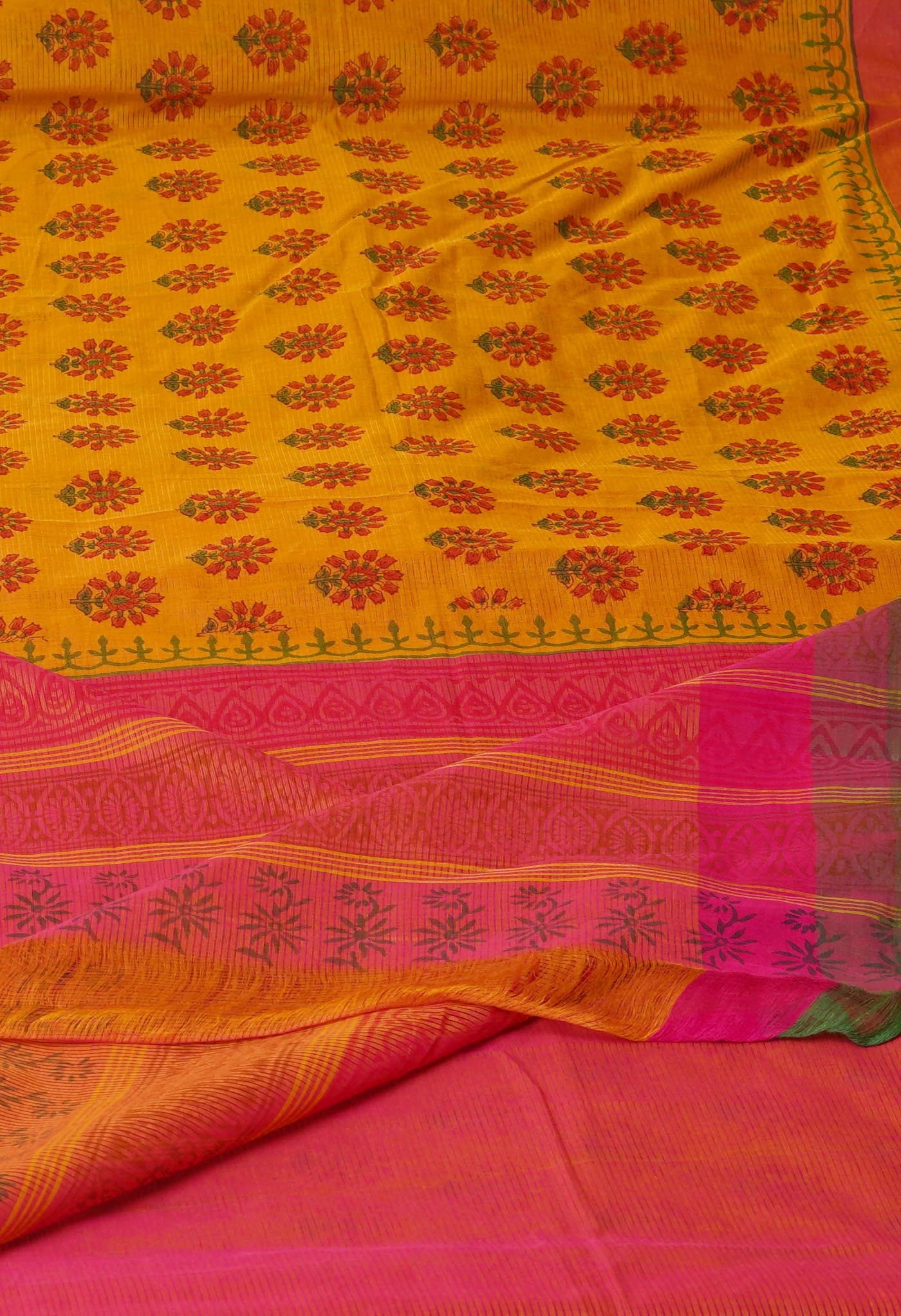 Yellow Pure Block Printed Mangalgiri Cotton Saree