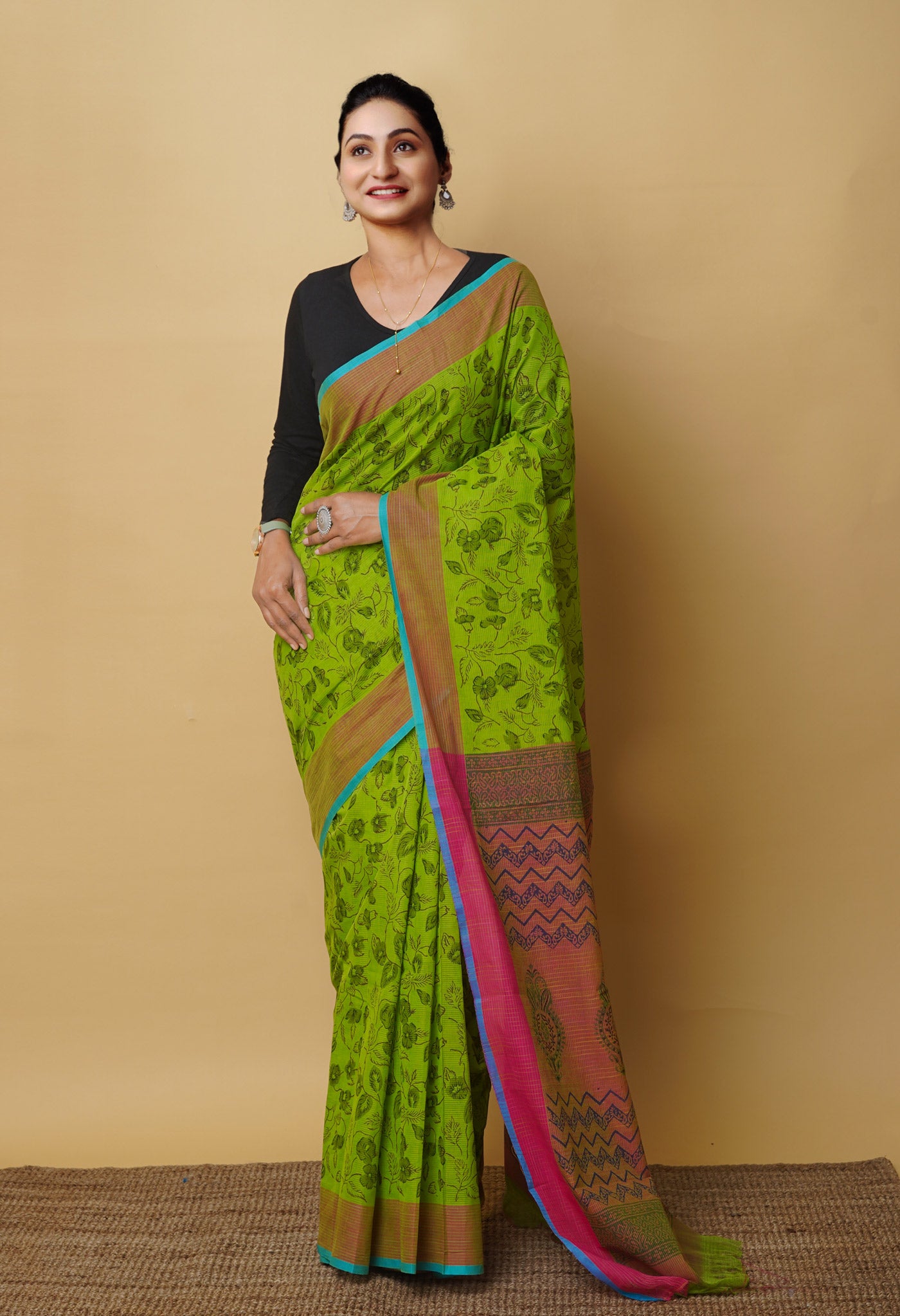 Green Pure Block Printed Mangalgiri Cotton Saree