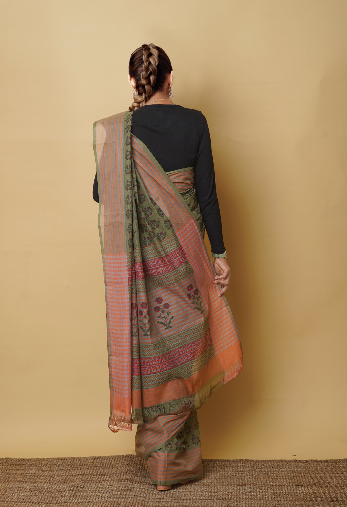 Green Pure Block Printed Mangalgiri Cotton Saree