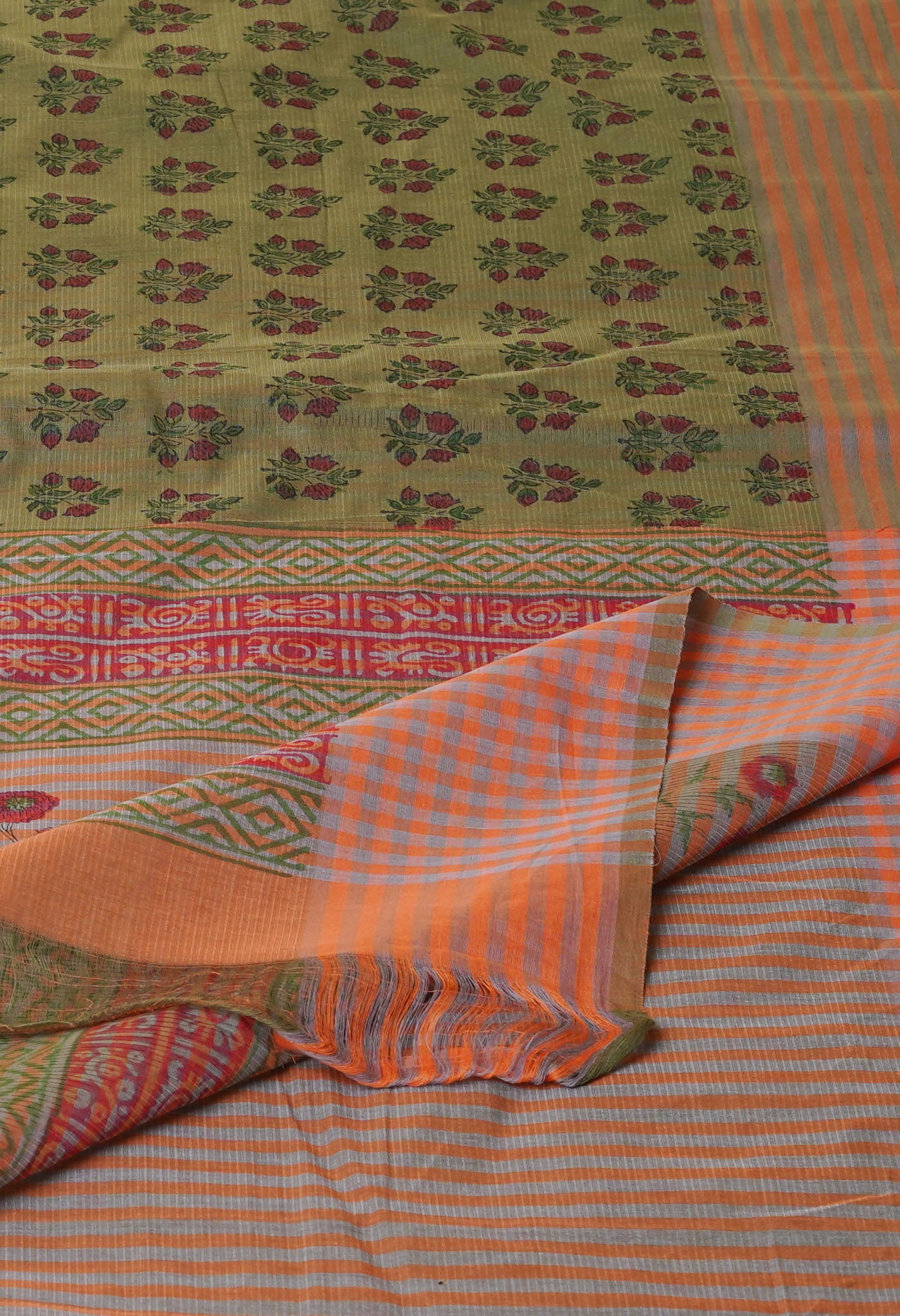 Green Pure Block Printed Mangalgiri Cotton Saree
