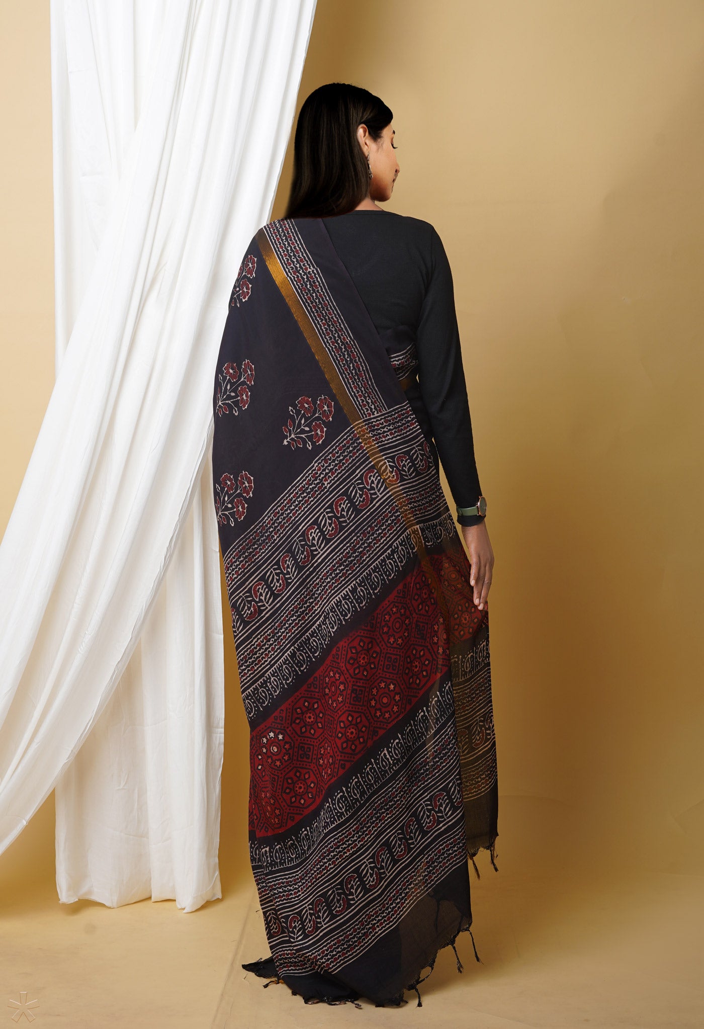 Black  Ajrakh Printed Soft Silk Saree