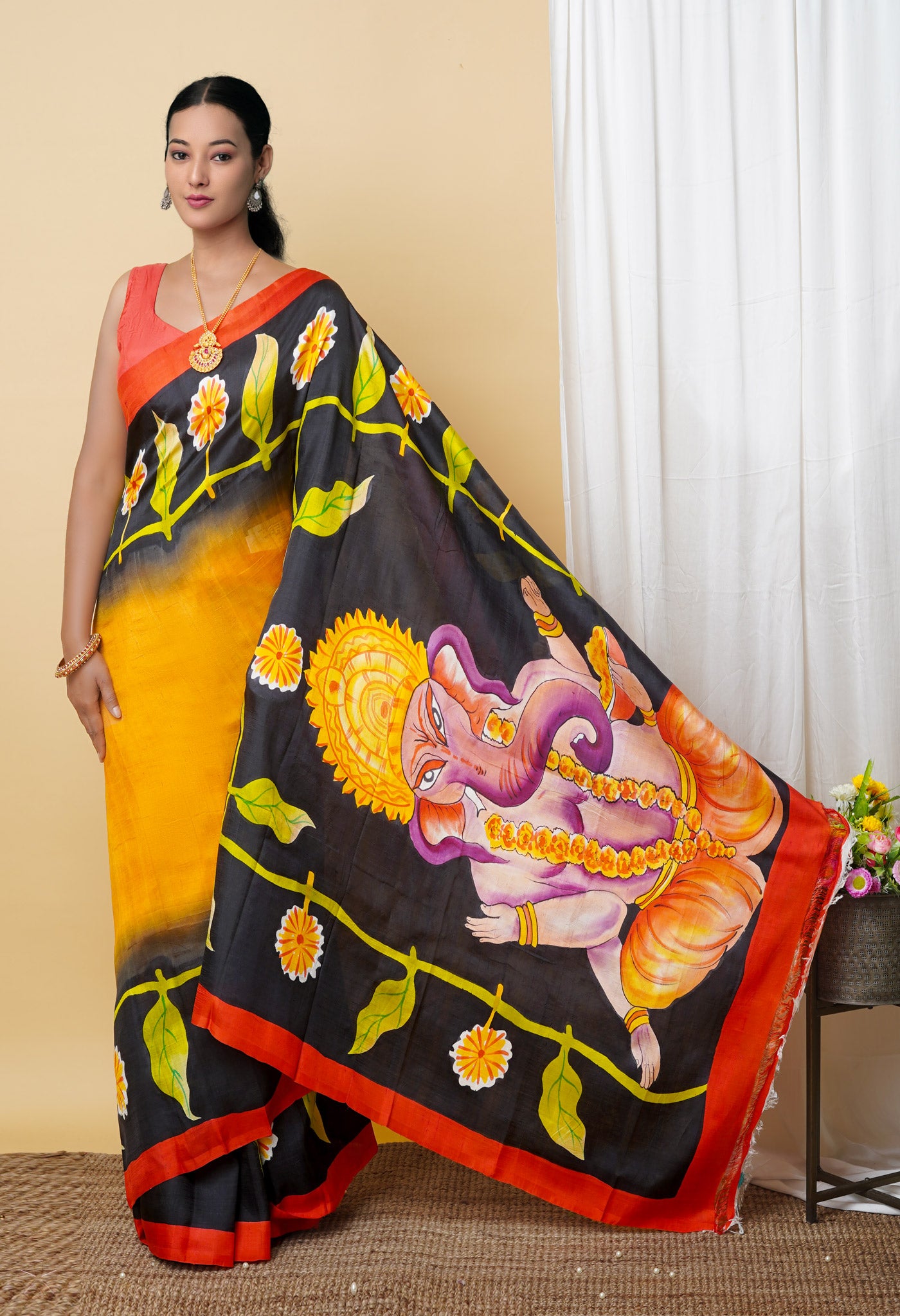 Yellow Pure Handloom Hand Painted Murshidabad Silk Saree