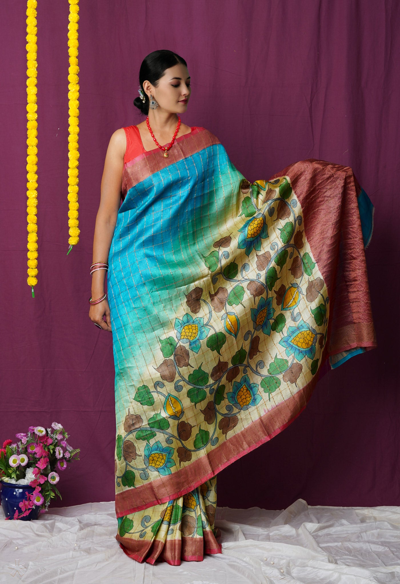 Blue Pure Handloom Designer Printed With Zari Weaving Checks Bengal Tussar Silk Saree