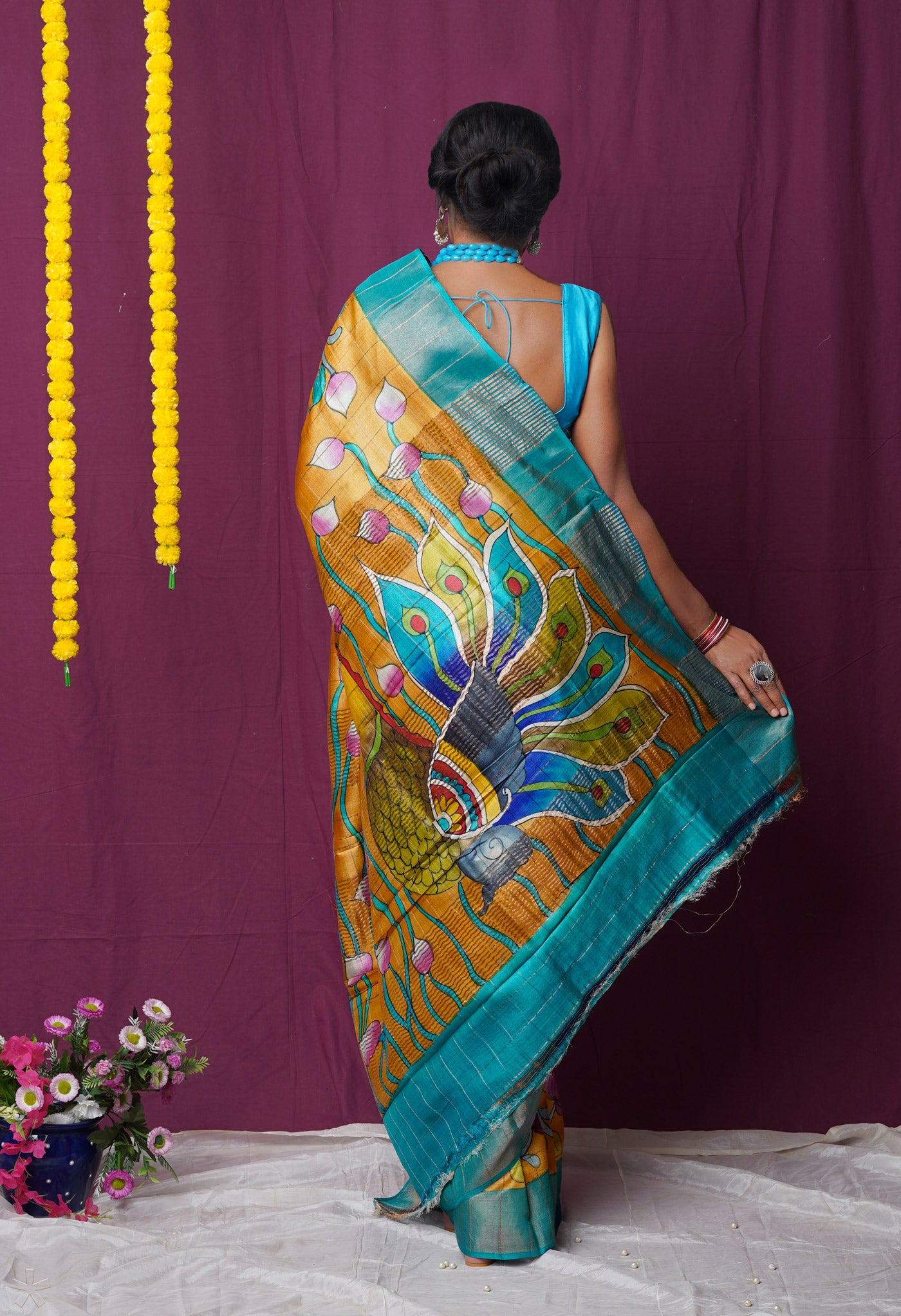 Yellow Pure Handloom Designer Printed With Zari Weaving Checks Bengal Tussar Silk Saree