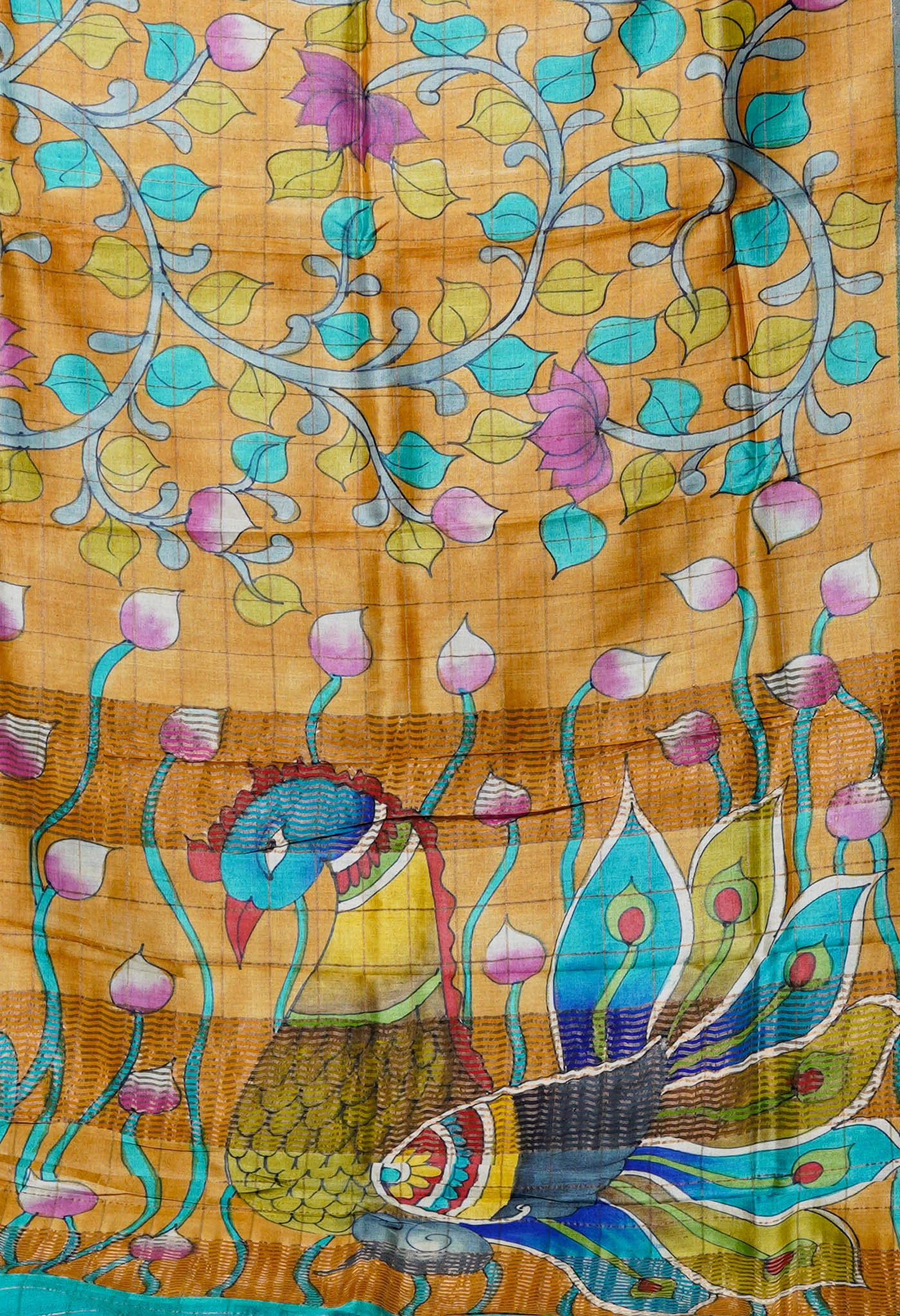 Yellow Pure Handloom Designer Printed With Zari Weaving Checks Bengal Tussar Silk Saree