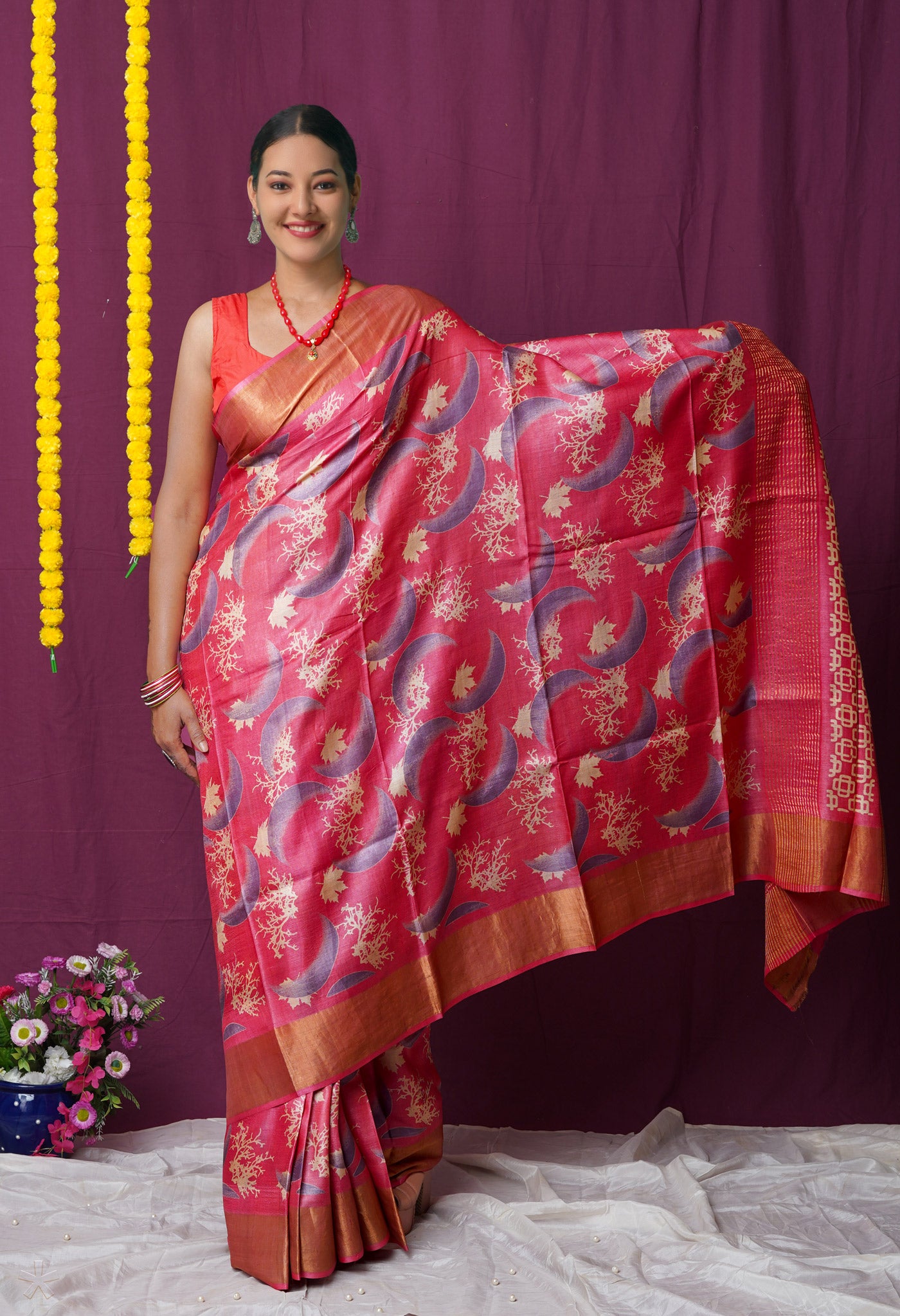 Pink Pure Handloom Designer Printed Bengal Tussar Silk Saree