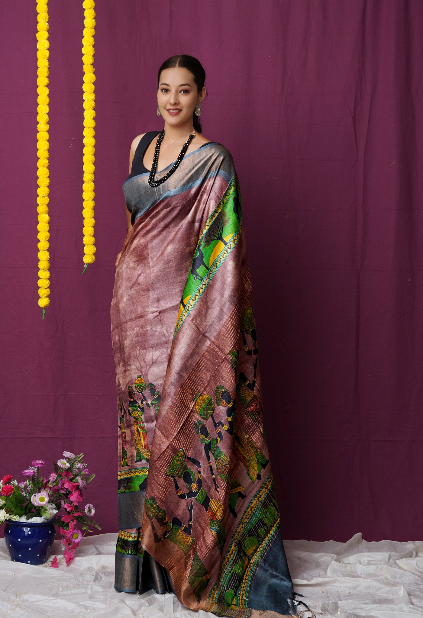 Peach Pink Pure Handloom Designer Printed Bengal Tussar Silk Saree