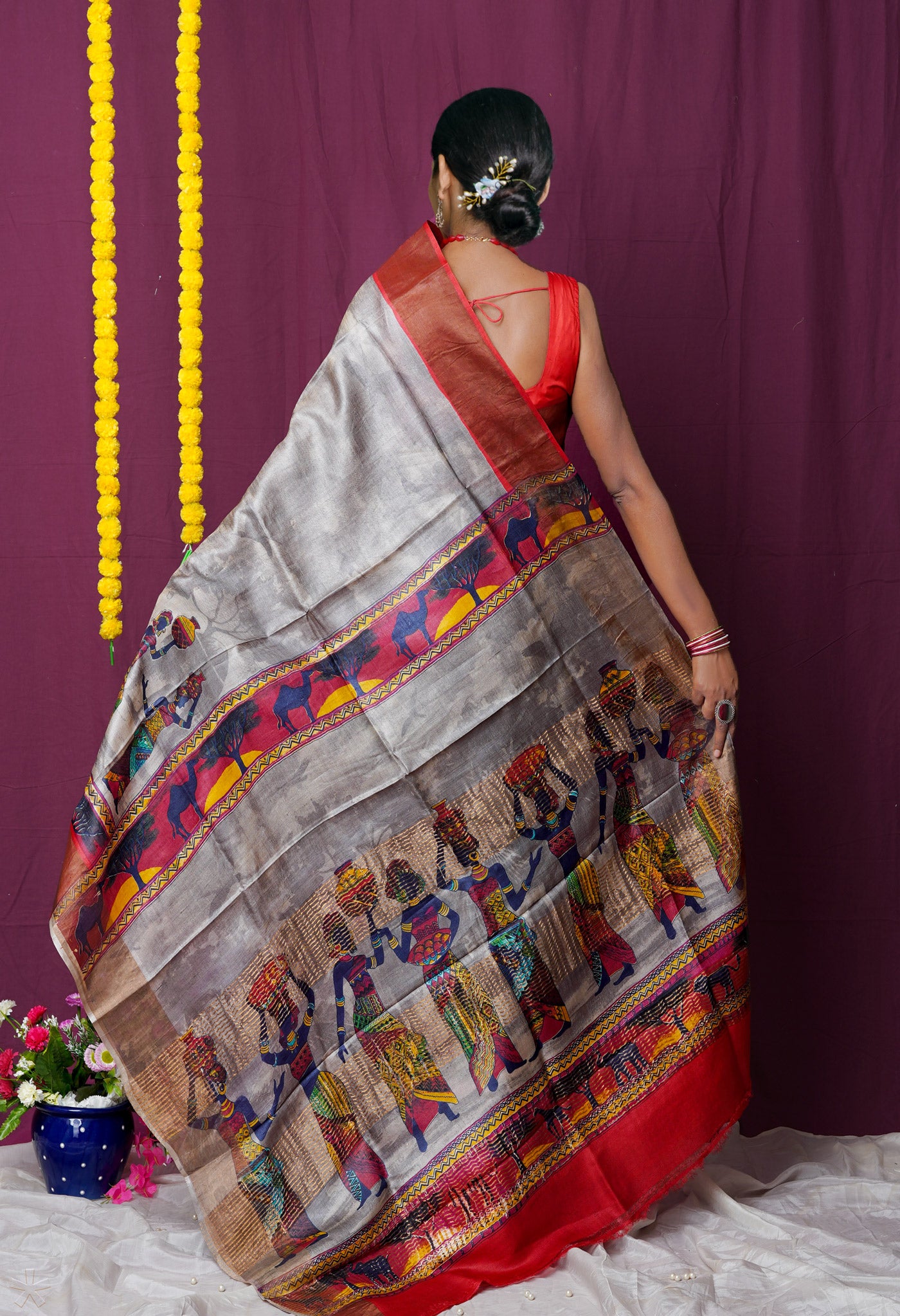 Grey Pure Handloom Designer Printed Bengal Tussar Silk Saree