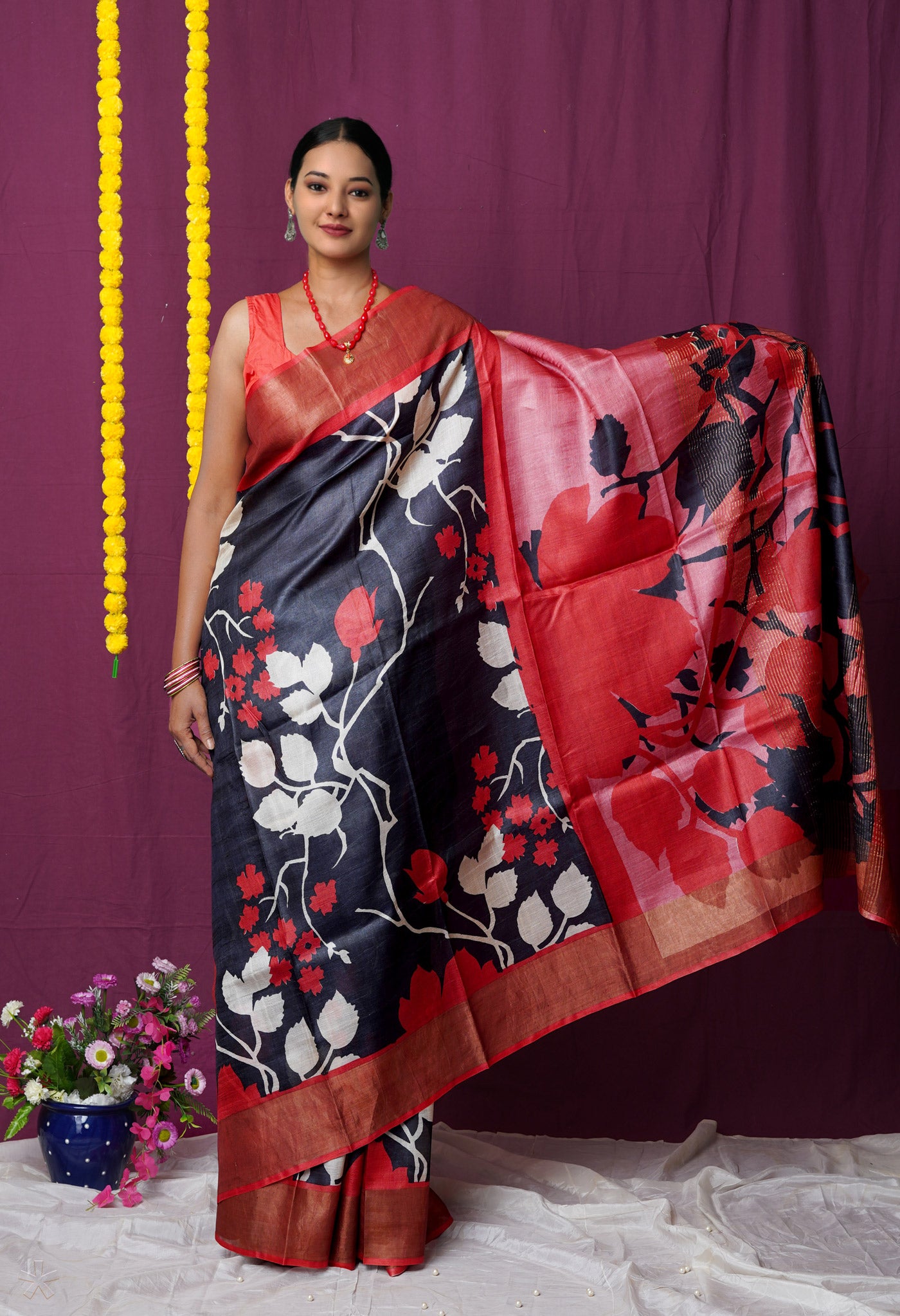 Black Pure Handloom Designer Printed Bengal Tussar Silk Saree