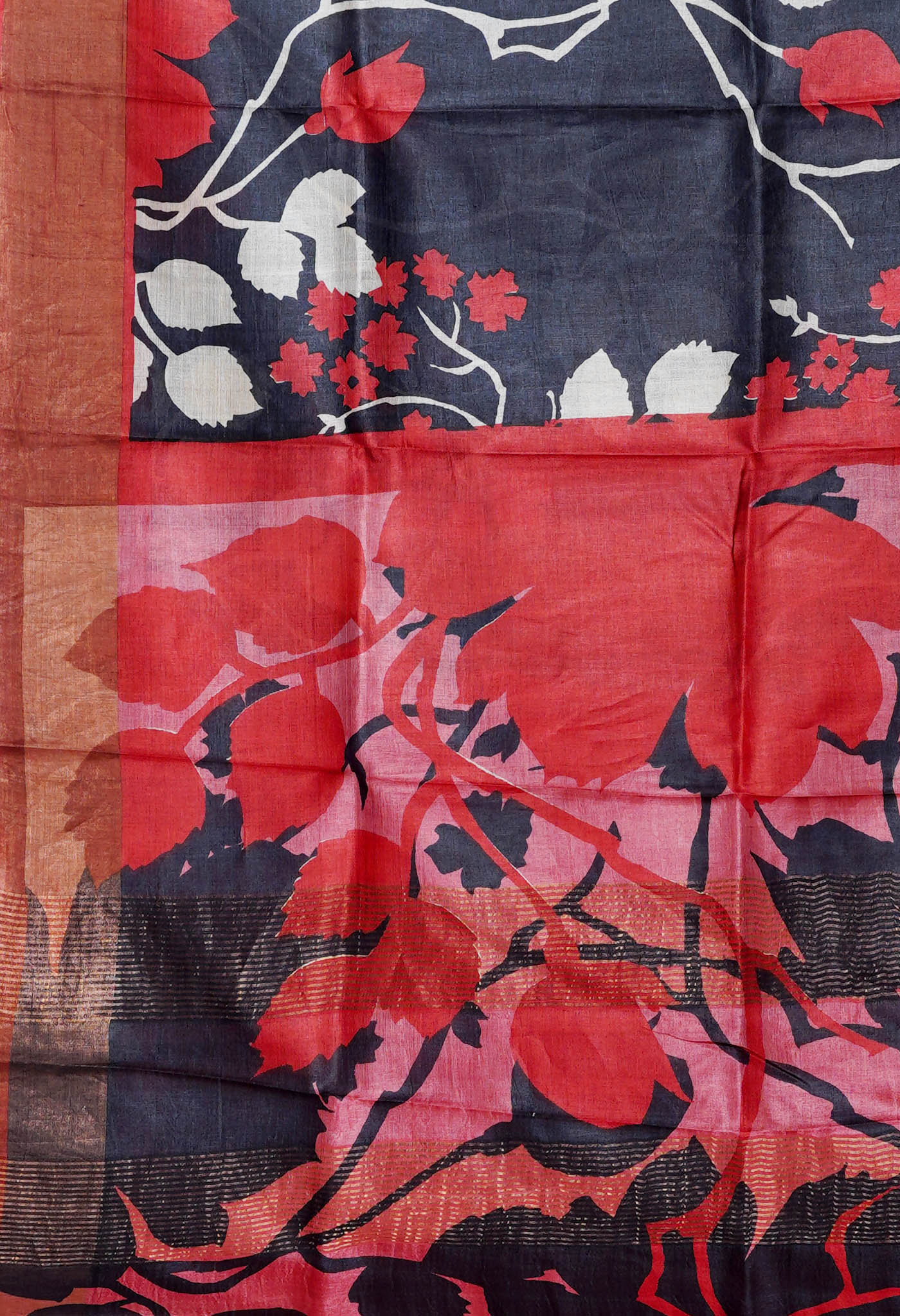 Black Pure Handloom Designer Printed Bengal Tussar Silk Saree
