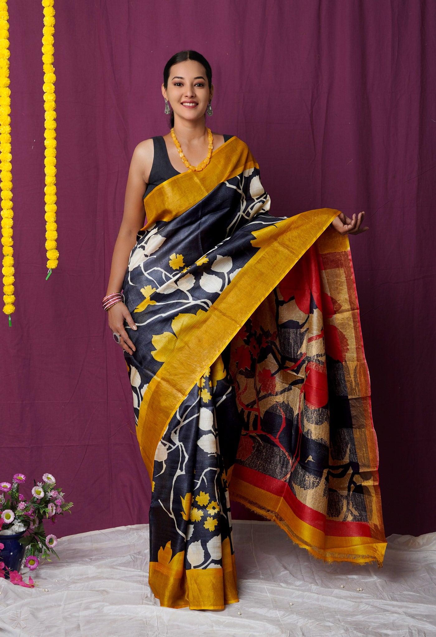 Black Pure Handloom Designer Printed Bengal Tussar Silk Saree