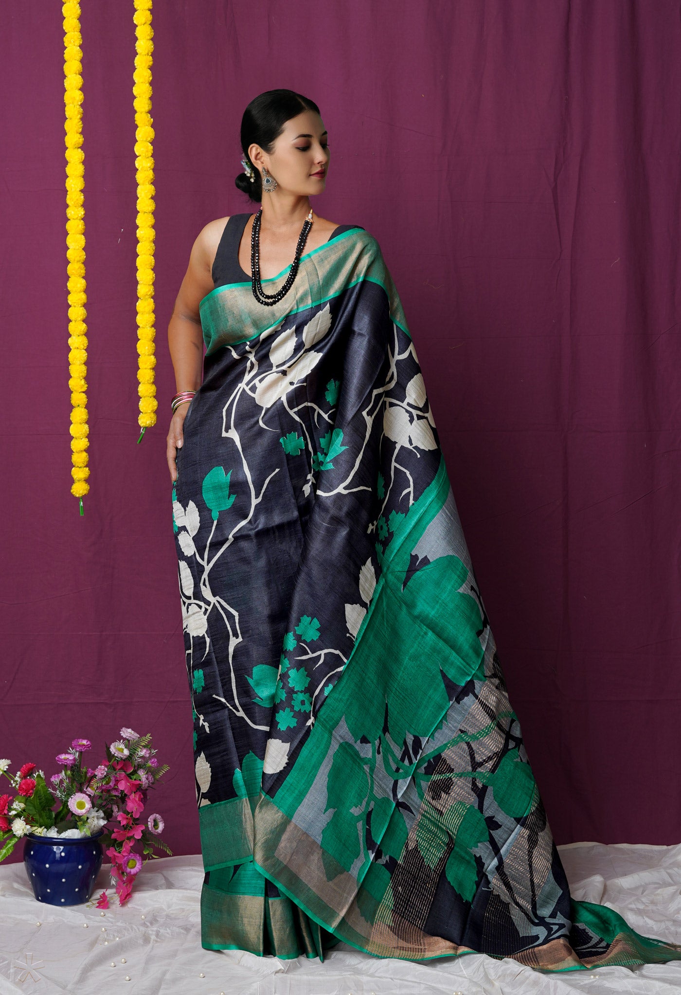 Black Pure Handloom Designer Printed Bengal Tussar Silk Saree