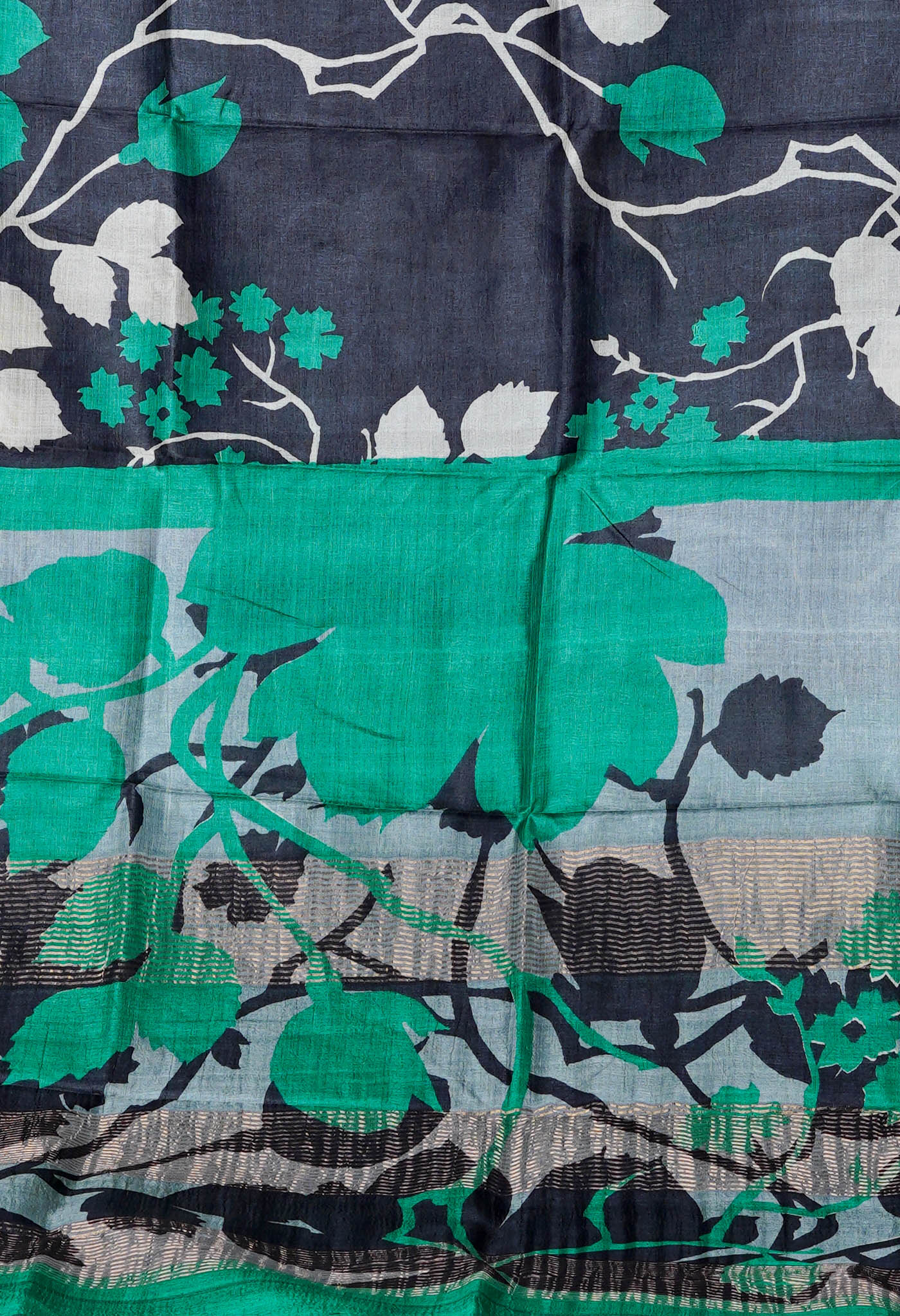 Black Pure Handloom Designer Printed Bengal Tussar Silk Saree