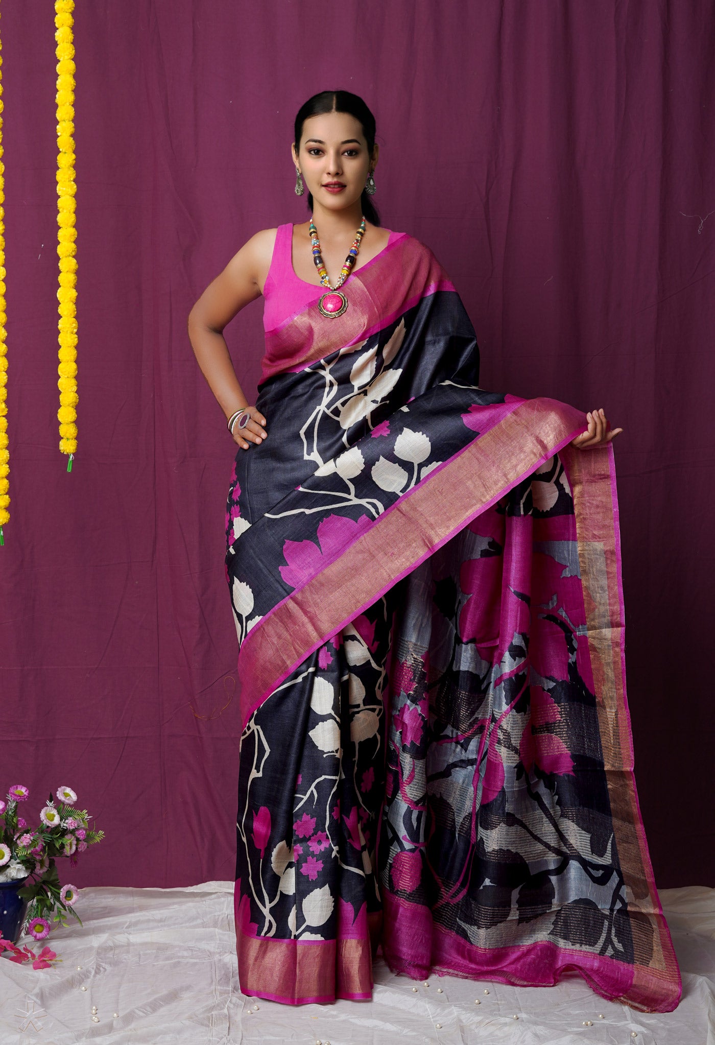 Black Pure Handloom Designer Printed Bengal Tussar Silk Saree