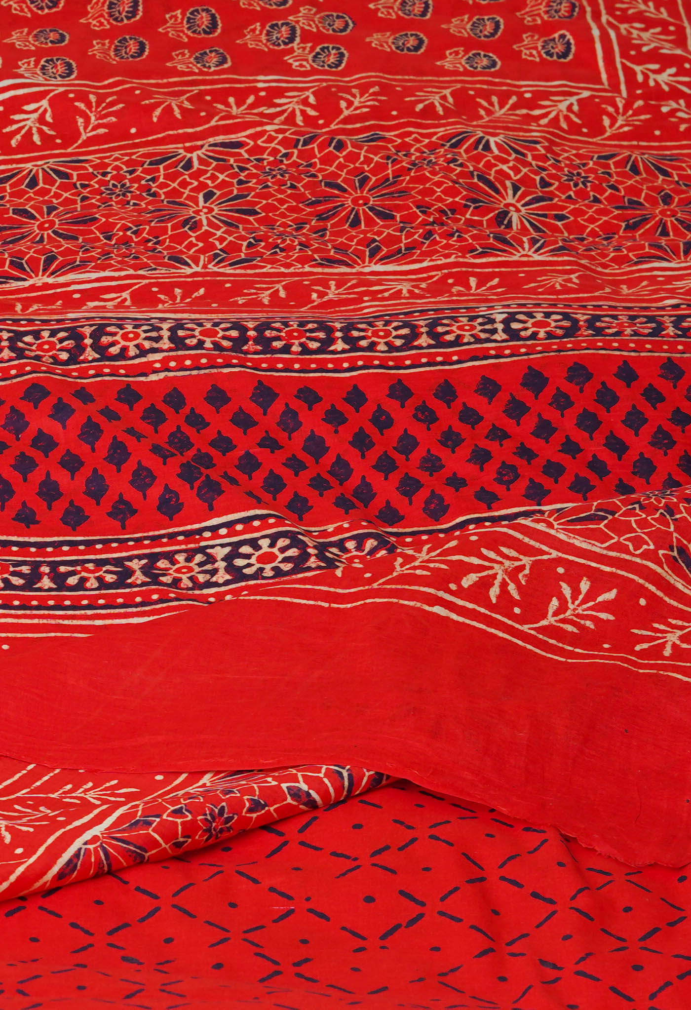 Red Pure  Ajrakh Pinted Superfine Mulmul Cotton Saree