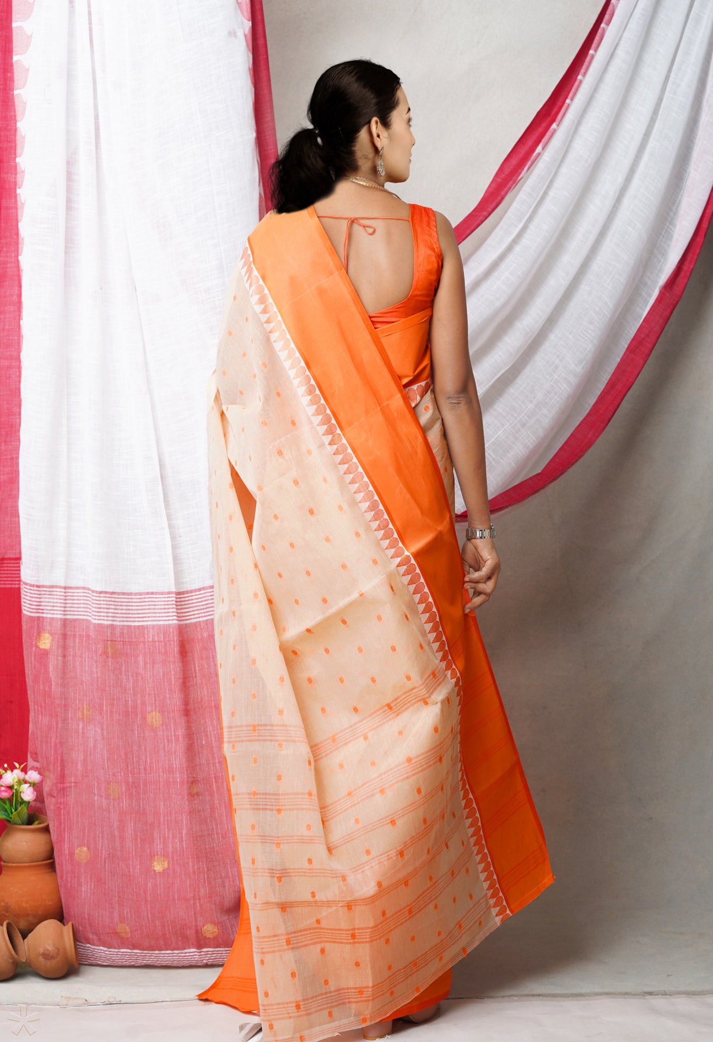 Pastel Orange Pure Handloom Superfine Bengal Cotton Saree