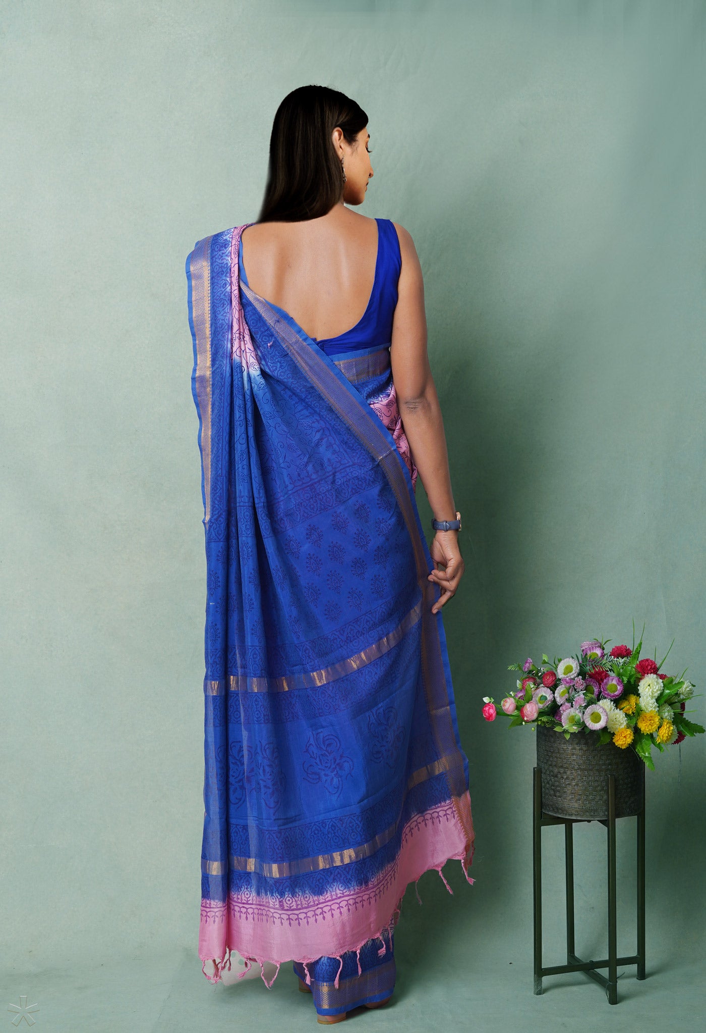 Pink  Hand Block Printed Mangalgiri Soft Silk Saree