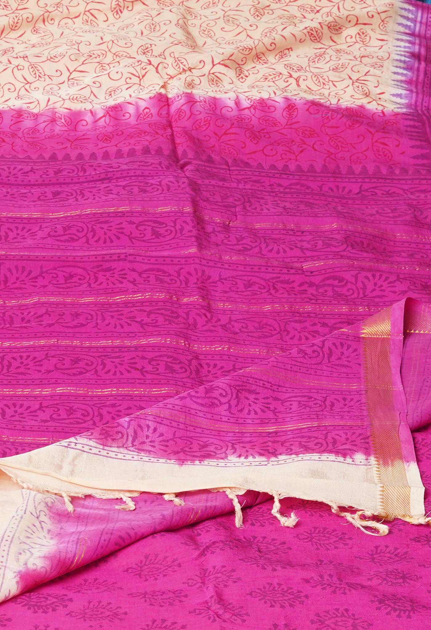 Cream  Hand Block Printed Mangalgiri Soft Silk Saree