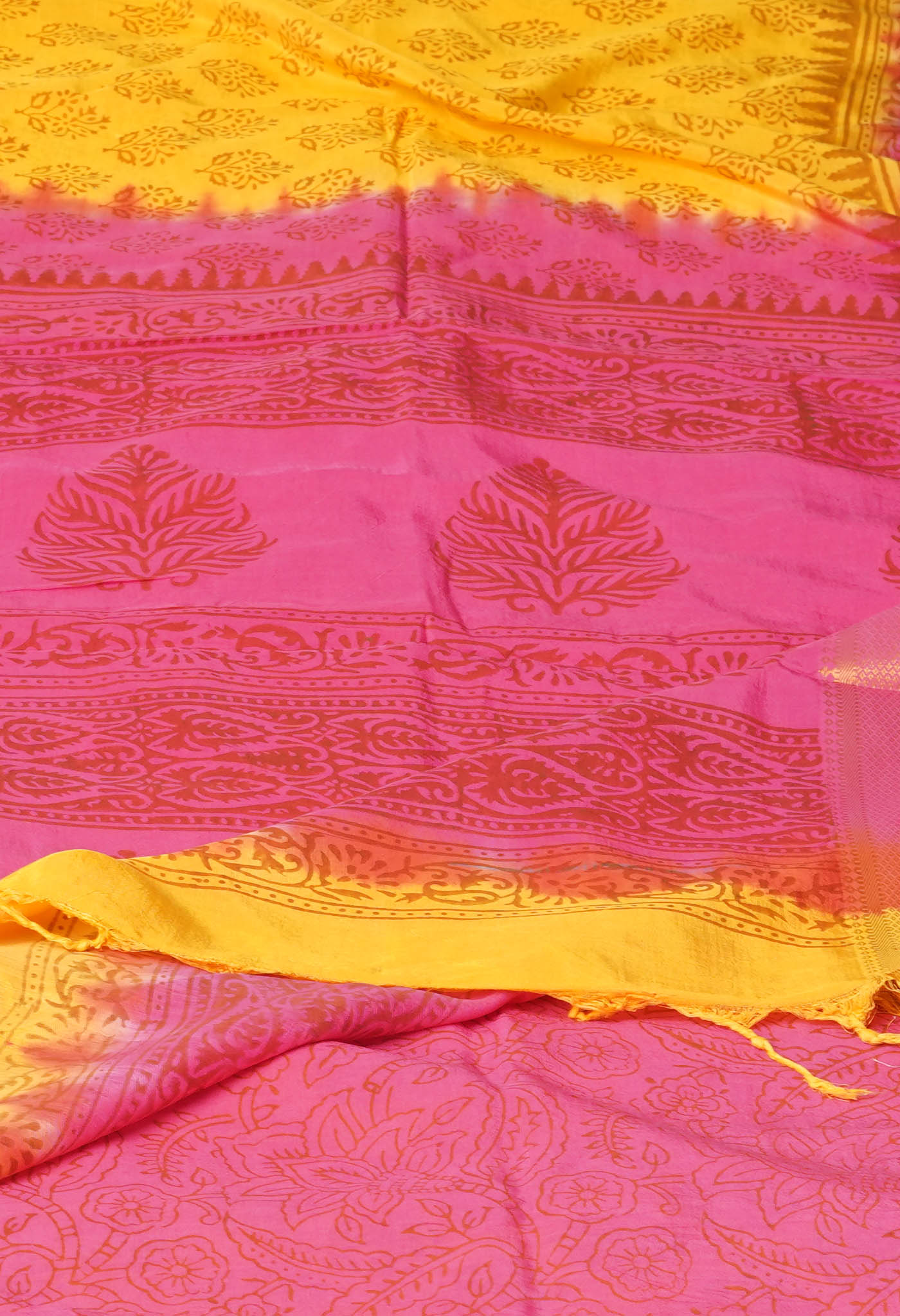 Yellow  Hand Block Printed Mangalgiri Soft Silk Saree