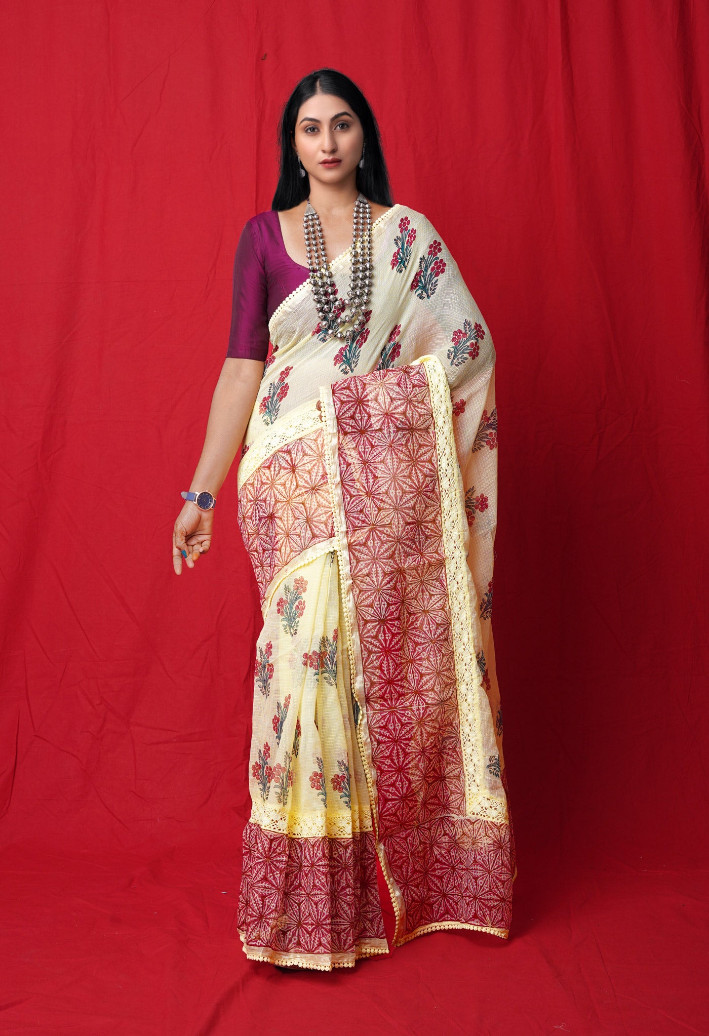 Yellow Pure  Block Printed With Chrochio Lace Work Embroidery Kota Saree