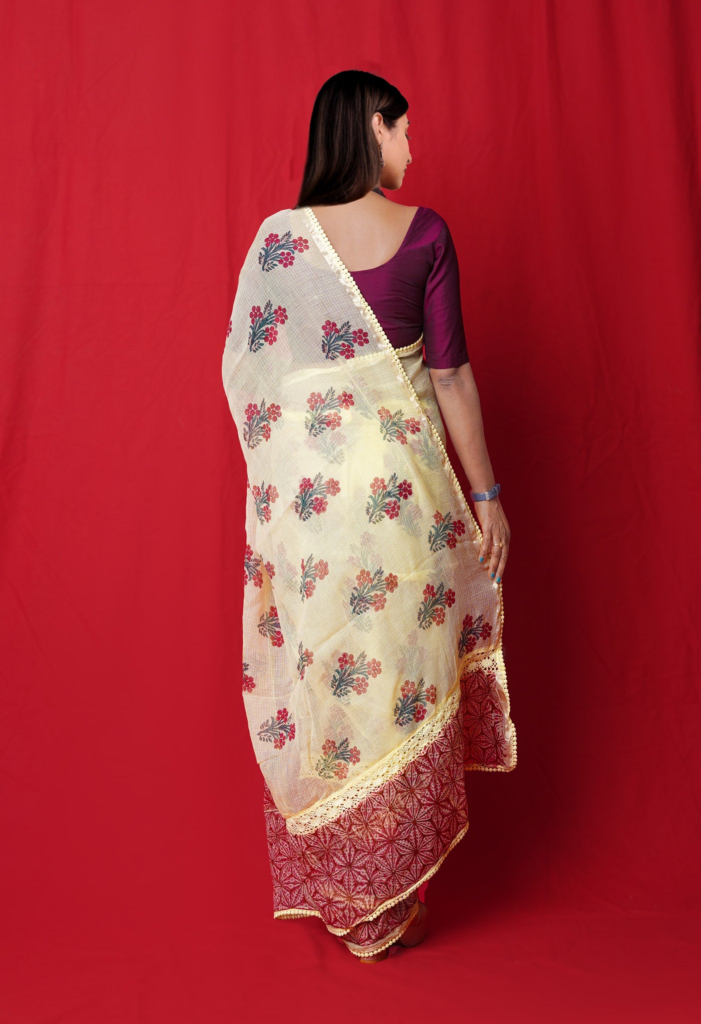 Yellow Pure  Block Printed With Chrochio Lace Work Embroidery Kota Saree-UNM77271