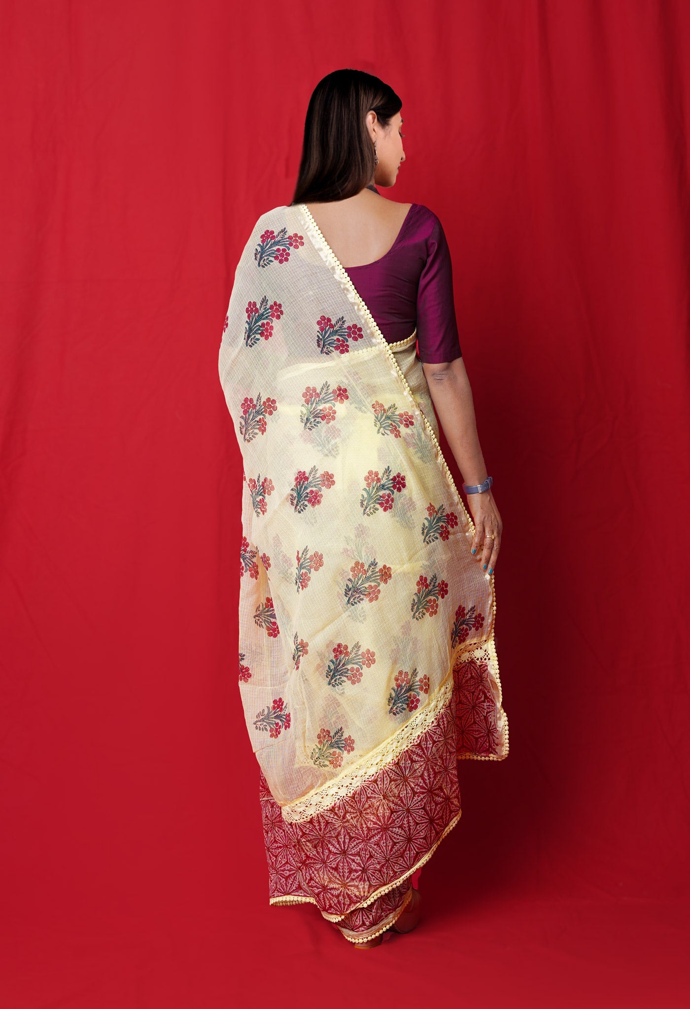 Yellow Pure  Block Printed With Chrochio Lace Work Embroidery Kota Saree