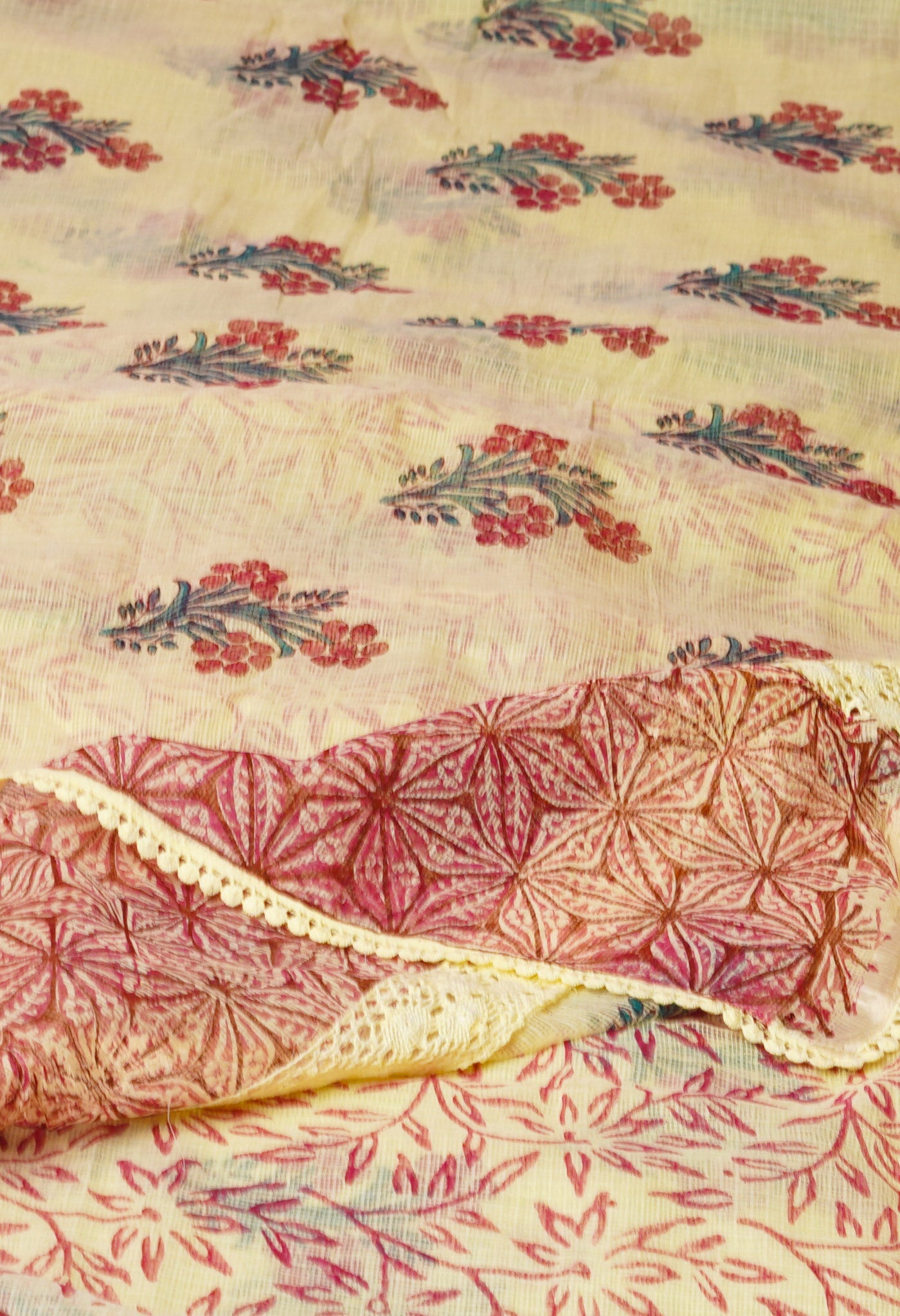 Yellow Pure  Block Printed With Chrochio Lace Work Embroidery Kota Saree-UNM77271