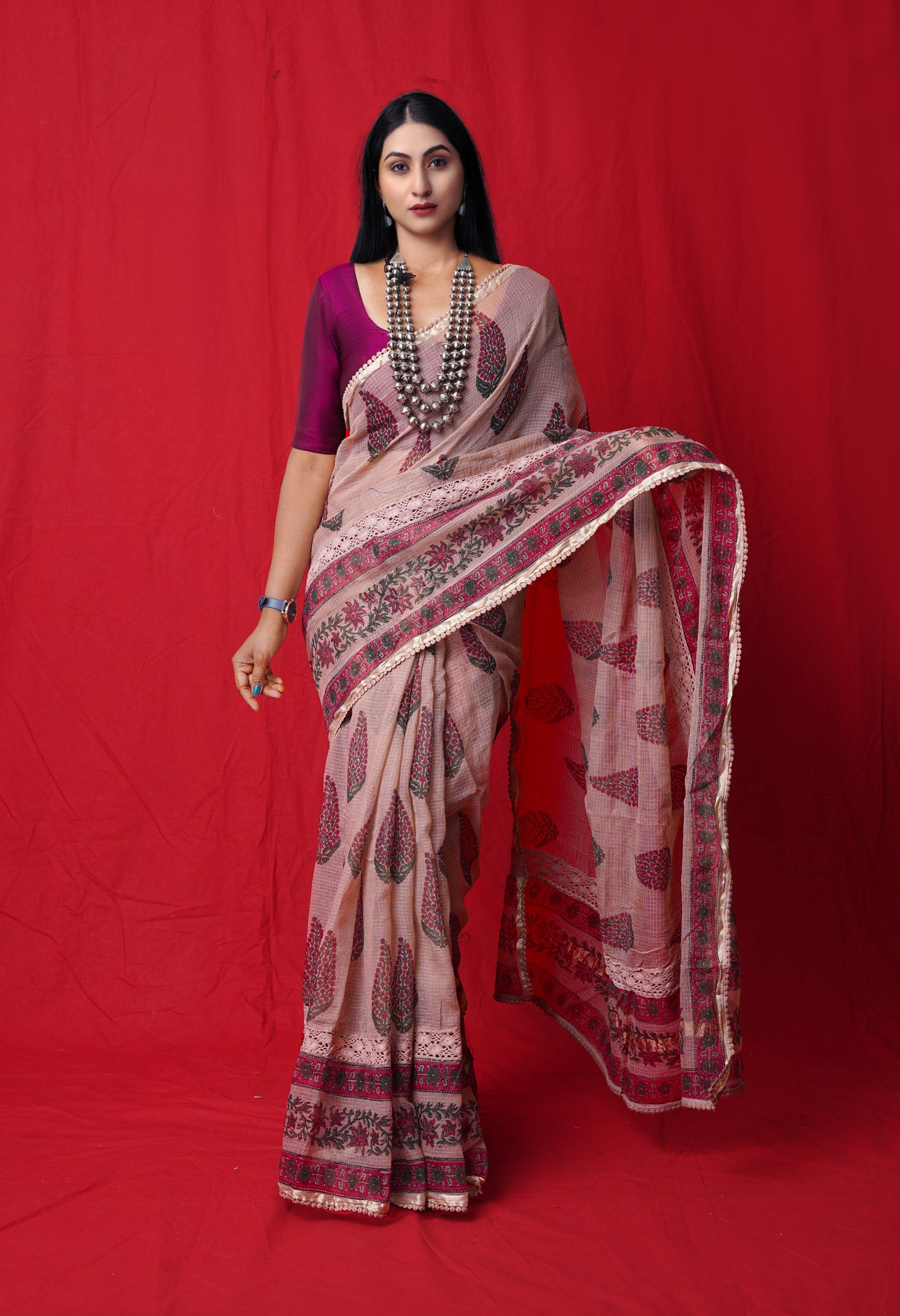 Beige Pure  Block Printed With Chrochio Lace Work Embroidery Kota Saree