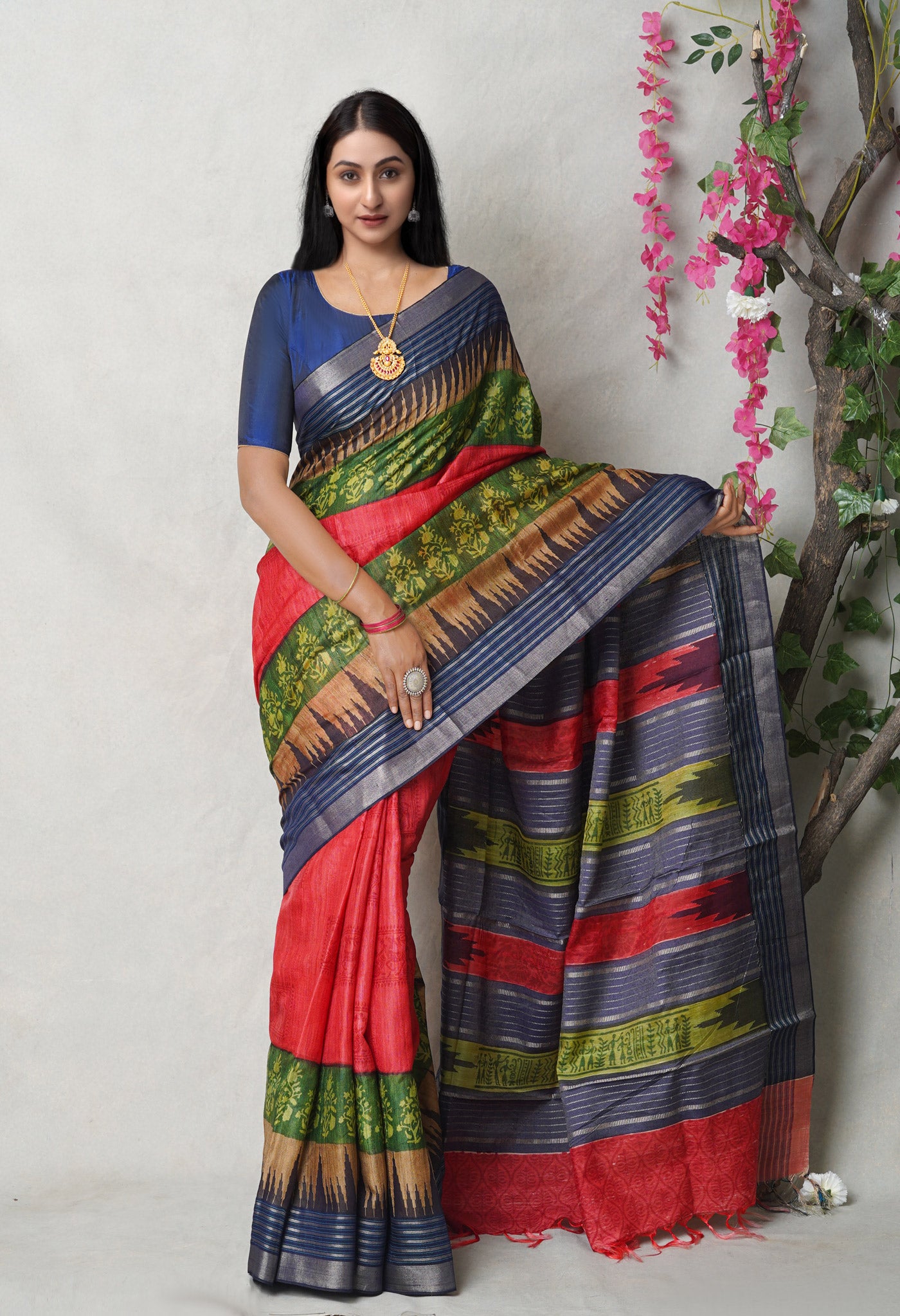 Red Pure Handloom Printed Vidarbha Tussar  Silk Saree