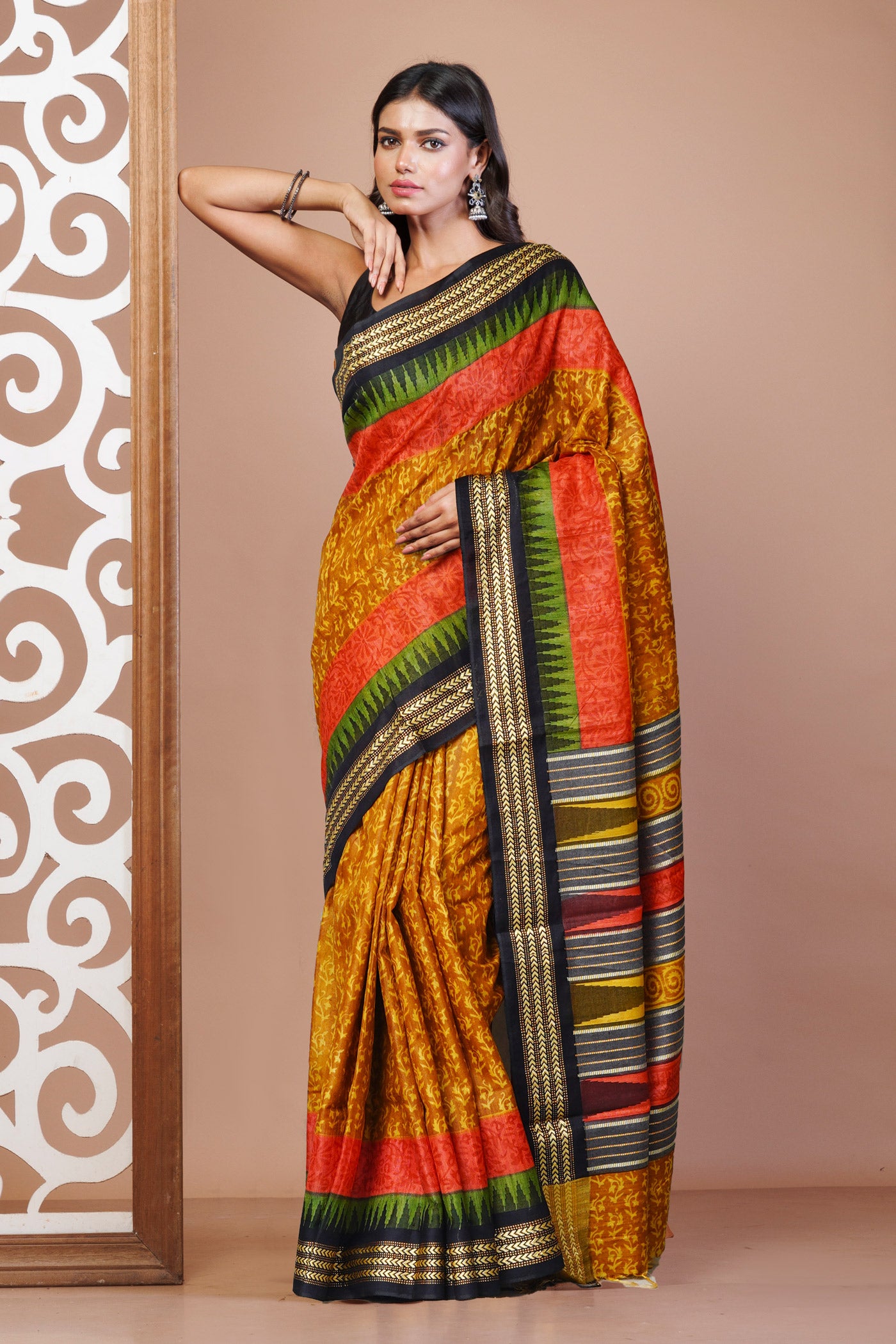 Yellow Pure Handloom Printed Vidarbha Tussar  Silk Saree-UNM77430