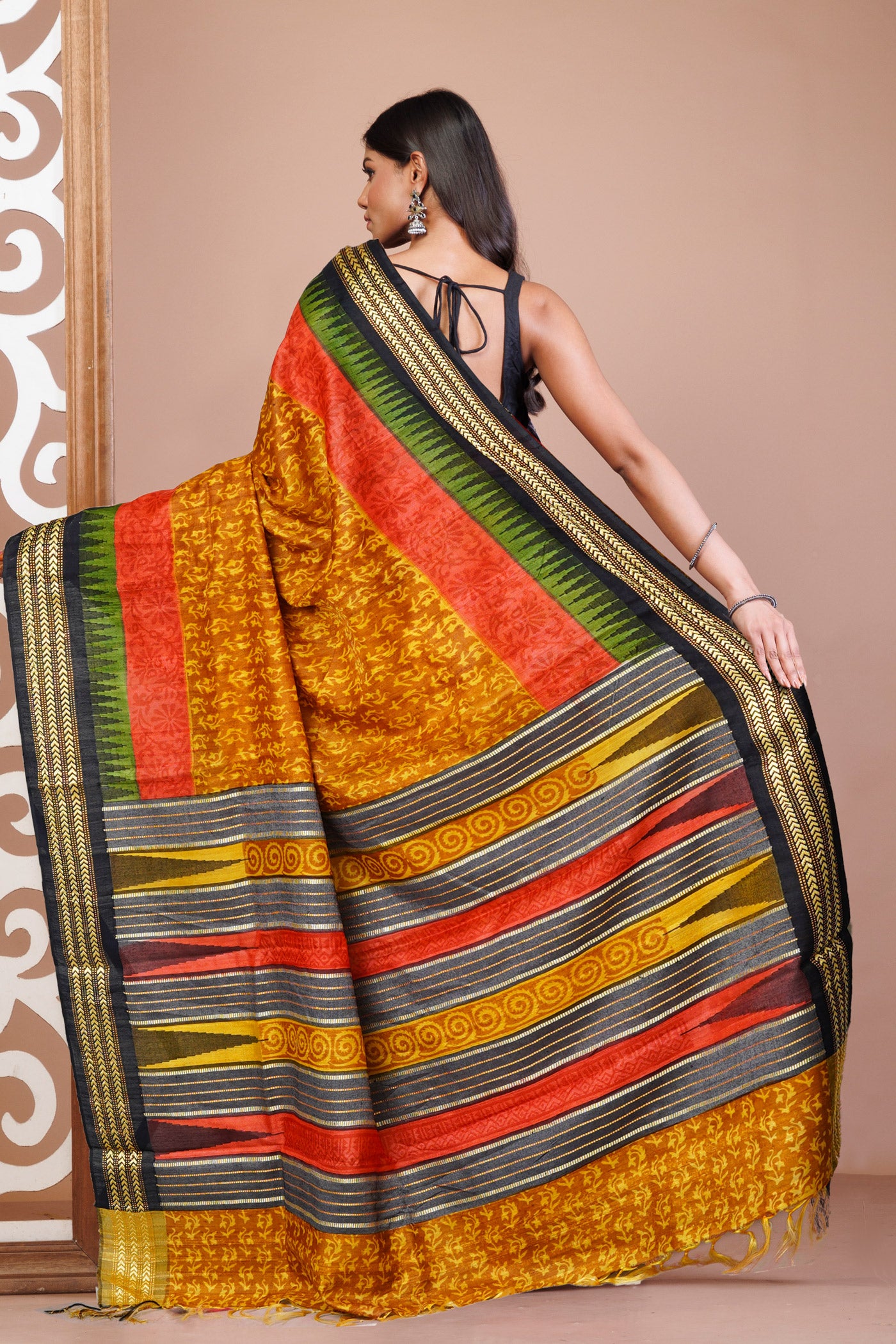 Yellow Pure Handloom Printed Vidarbha Tussar  Silk Saree-UNM77430