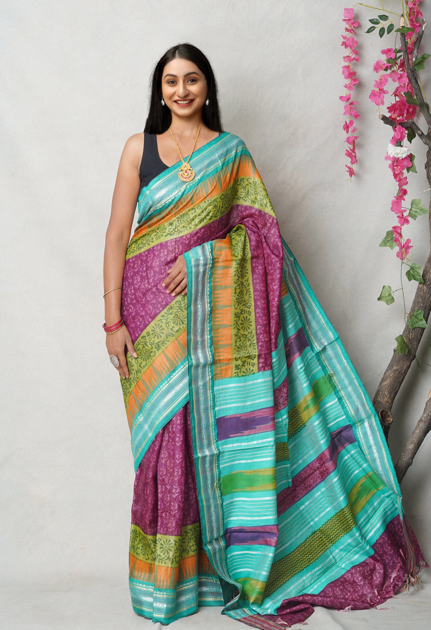 Purple Pure Handloom Printed Vidarbha Tussar  Silk Saree