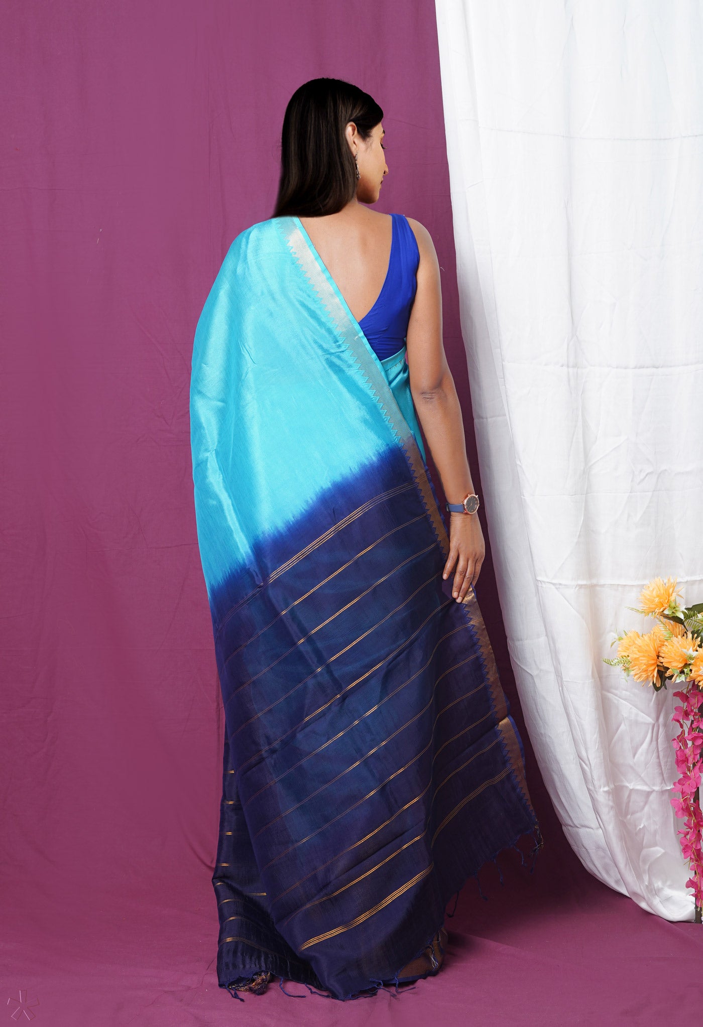 Blue  Plain Dyed With Zari Brocade Soft Silk Saree
