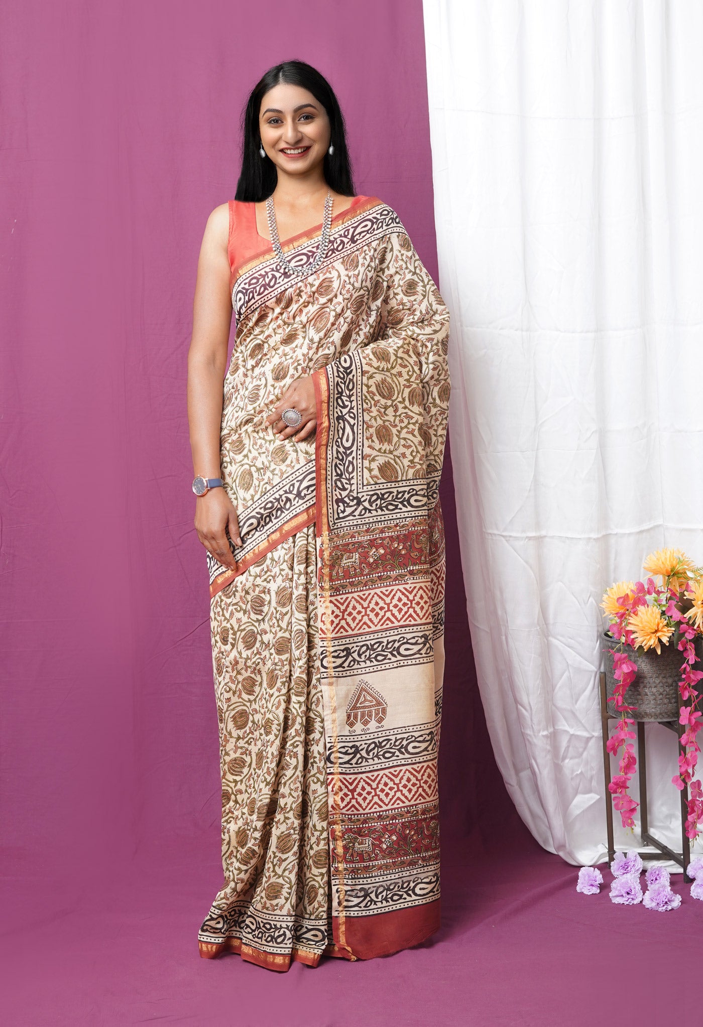 Cream Pure Bagru Kalamkari Printed Chanderi Sico Saree