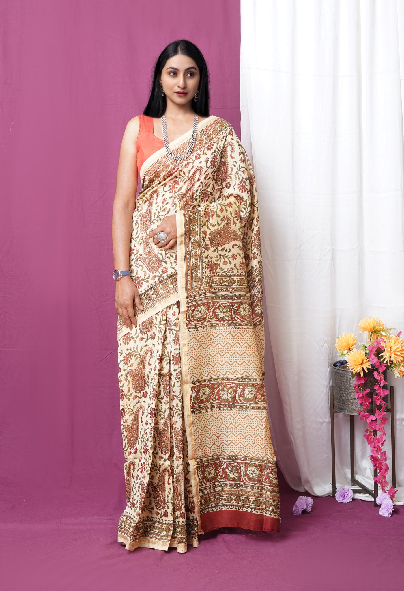 Cream Pure Bagru Kalamkari Printed Chanderi Sico Saree