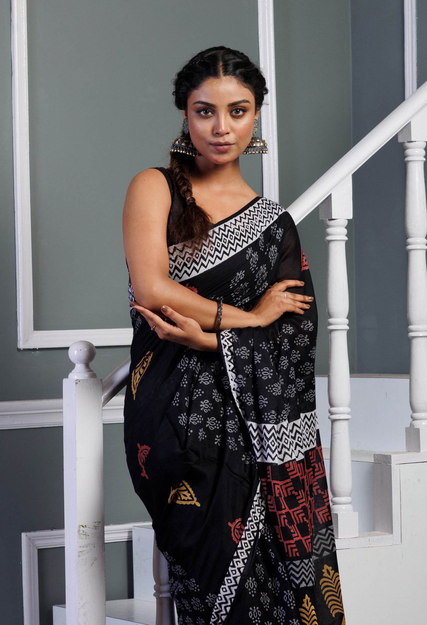 Black Pure Hand Block Printed Soft Cotton Saree