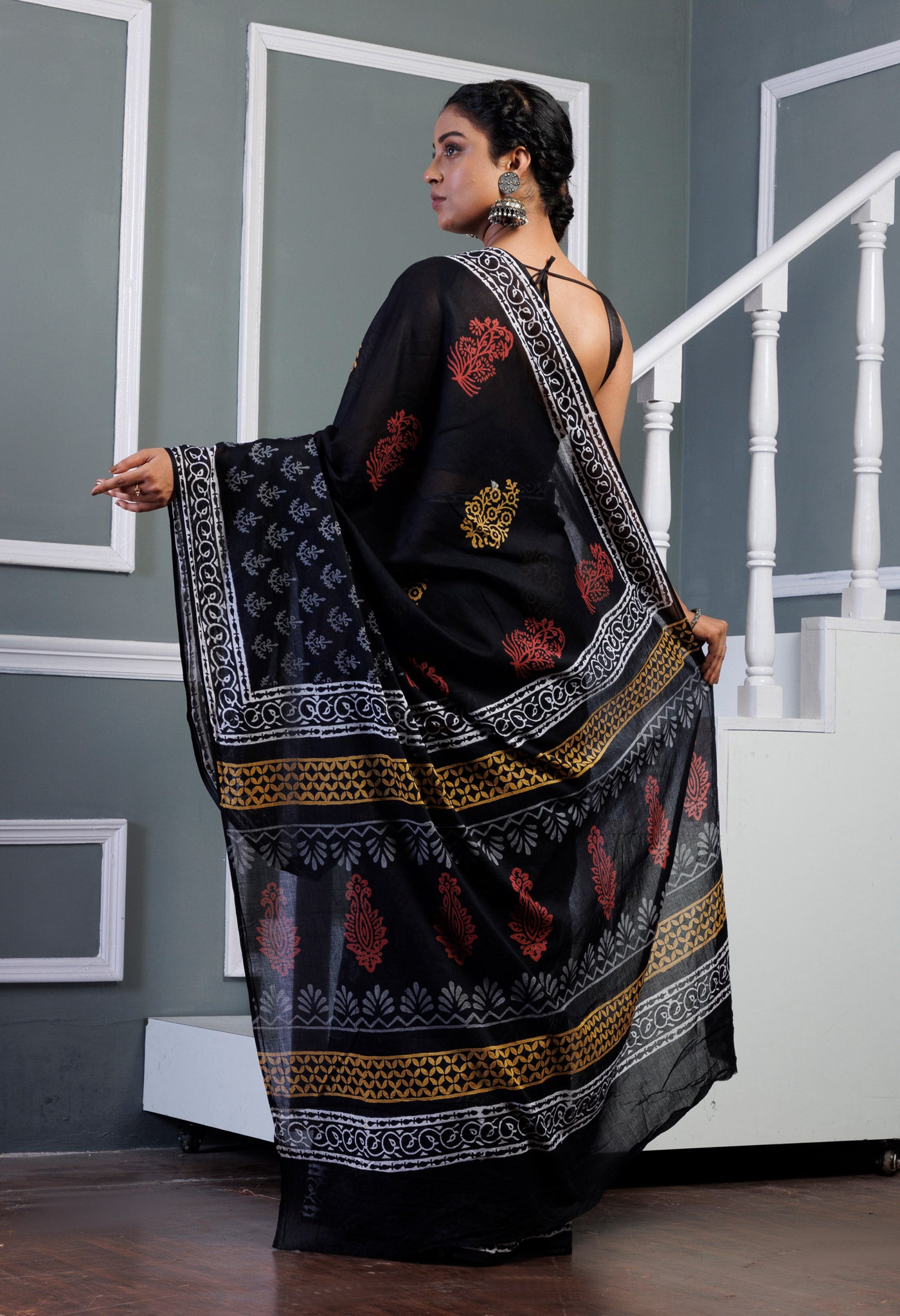 Black Pure Hand Block Printed Soft Cotton Saree-UNM77495